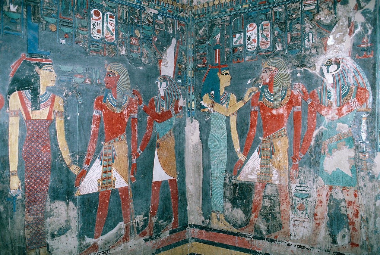 Egipto, Tebas, Luxor, Valle de los Reyes, Tumba de Horemheb, Pintura mural que representa a Horemheb entre la diosa Isis y el dios Horus, Reino Nuevo, Dinastía XVIII de Egyptian 18th Dynasty