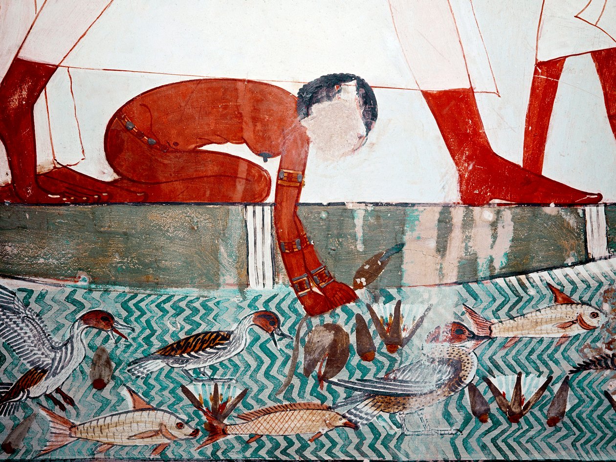 Arte egipcio: Tumba de Menna. Escena de pesca, detalle. Una sirvienta desnuda recoge una flor de loto de Egyptian 18th Dynasty
