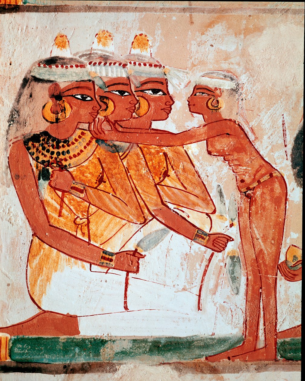Arte egipcio: Tumba de Nakht. Aseo: criada ayudando a tres mujeres con flores de loto a ponerse joyas antes del banquete funerario. Fresco de Luxor de Egyptian 18th Dynasty