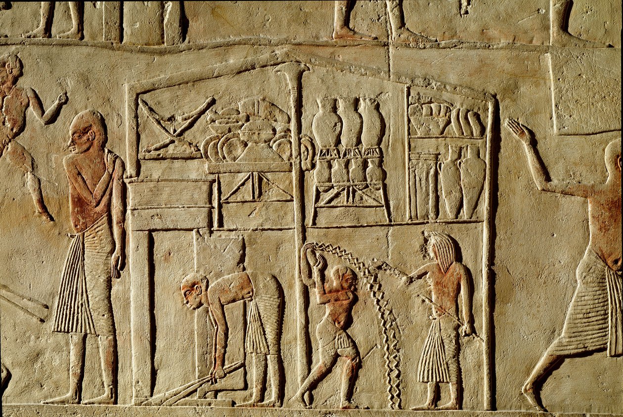 Antigüedad egipcia: “Los alimentos se almacenan en almacenes”. Relieve decorando una tumba de un alto funcionario de la XVIII dinastía. Bolonia, Museo Arqueológico Cívico de Egyptian 18th Dynasty