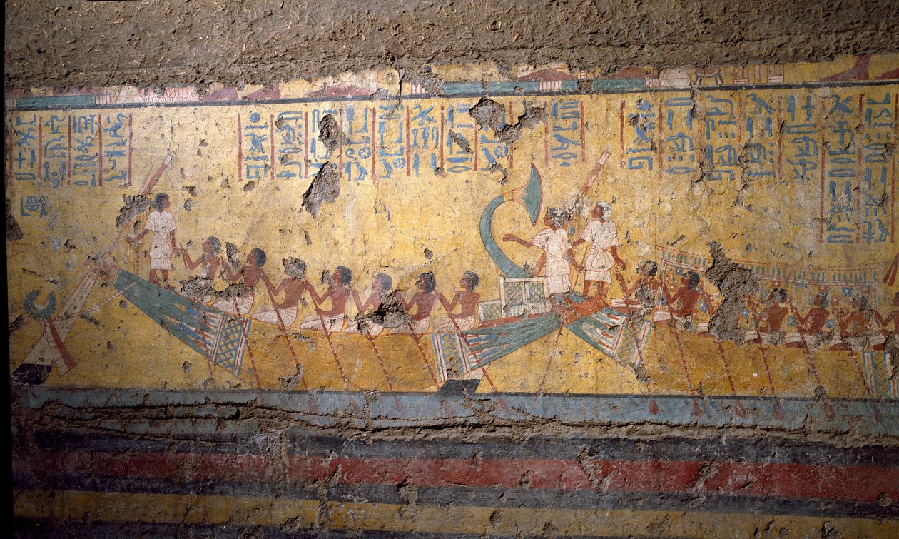 Antigüedad egipcia: fresco de la tumba del pintor Maia, peregrinación en barco a Abidos, cita de Osiris. Dinastía XVIII. De la Capilla de Maia, Deir el-Medineh (el Medineh), Nuevo Imperio de Egyptian 18th Dynasty