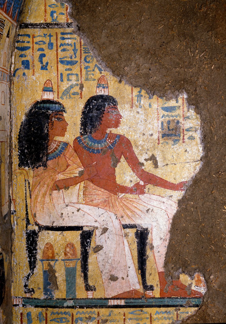 Antigüedad egipcia: fresco de la tumba del pintor Maia, el difunto y su esposa sentados en un banquete. Dinastía XVIII. De la Capilla de Maia, Deir el-Medineh, Nuevo Imperio. Museo Egipcio de Turín de Egyptian 18th Dynasty