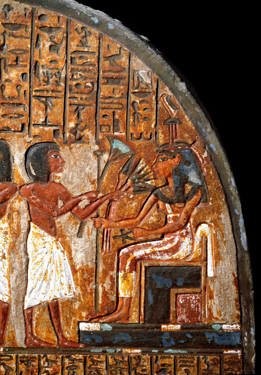 Antigüedad egipcia: estela funeraria de Minhotep: detalle que representa una ofrenda de flores a la diosa Hathor que sostiene la llave de la vida en forma de cruz Ankh. Dinastía 18. Siglo XIV a.C. Turín, Museo Egipcio de Egyptian 18th Dynasty