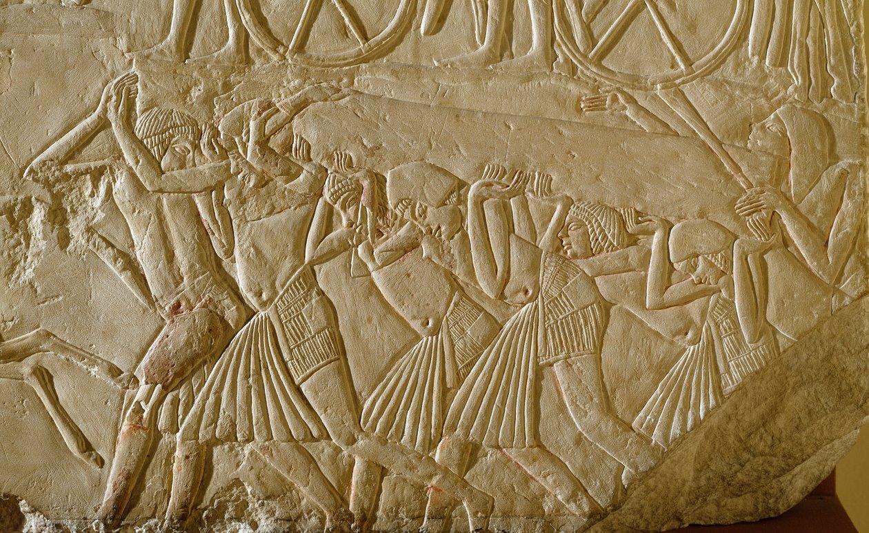 Antigüedad egipcia: esclavos transportando un obelisco durante las grandes obras del Egipto faraónico. (detalle) de Egyptian 18th Dynasty