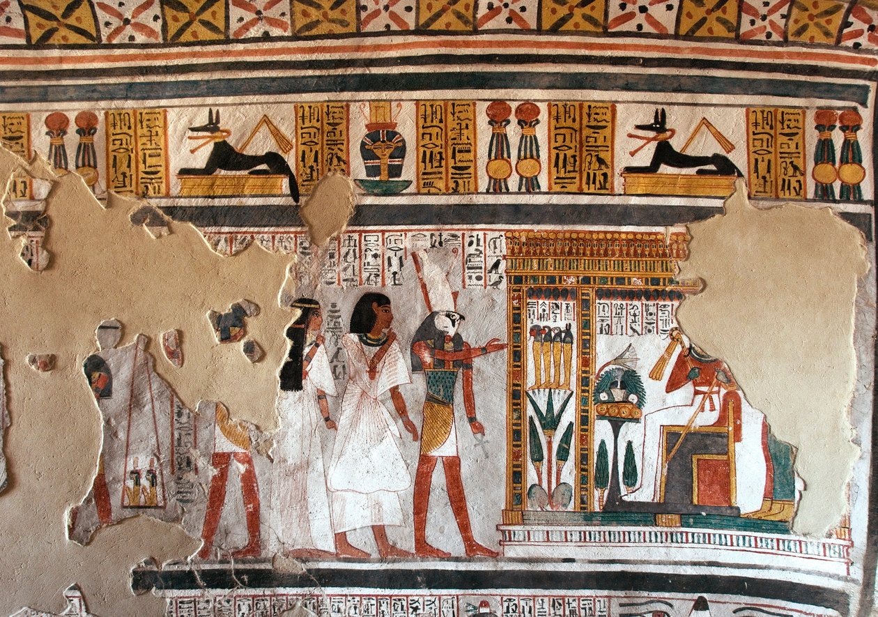 Antigüedad egipcia: Horus guía a Roy y su esposa hacia Osiris. Fragmentos de fresco de la Tumba de Roy (TT255). Dinastía 18. De la Orilla Oeste de Luxor, Egipto de Egyptian 18th Dynasty