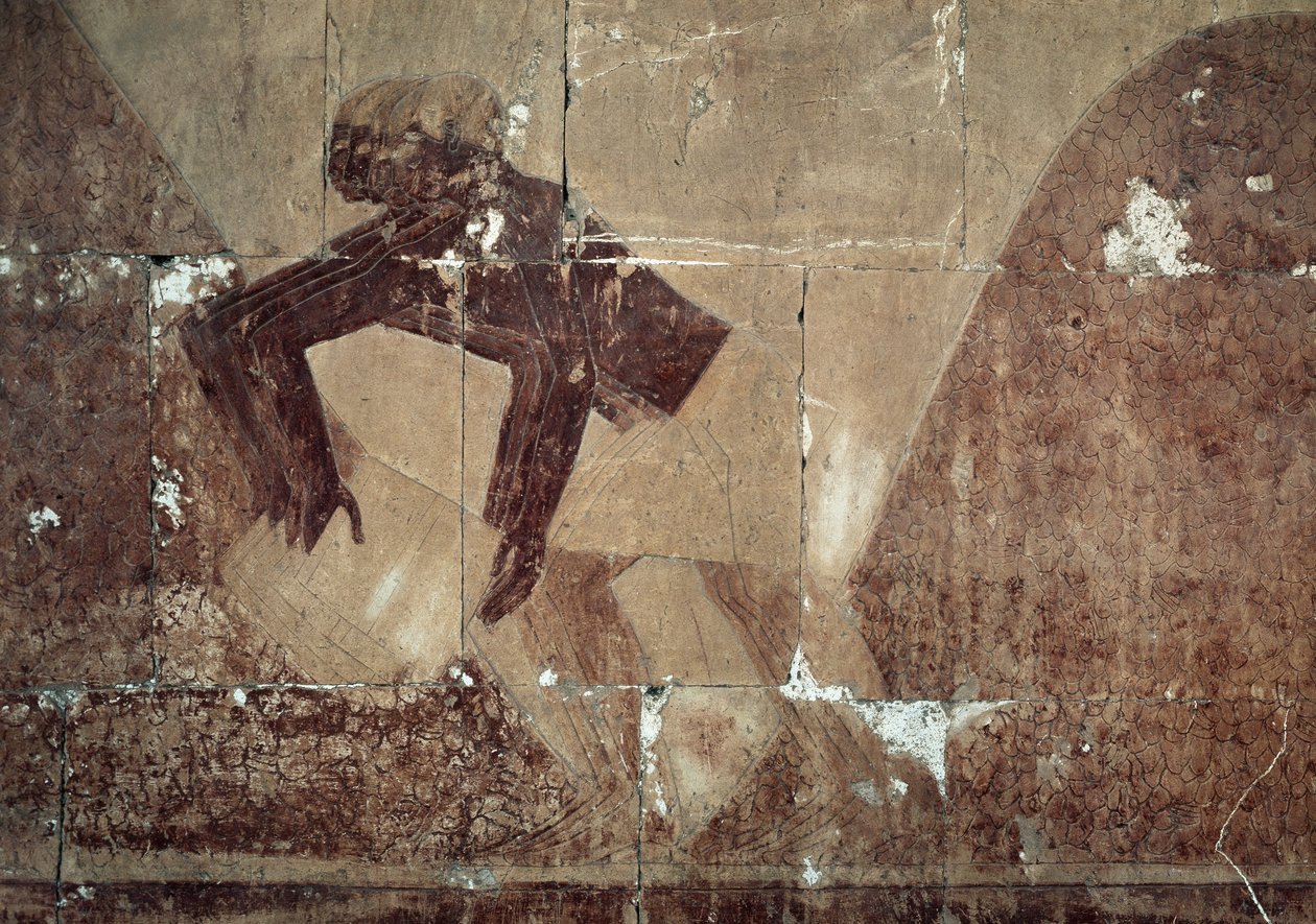 Intercambio de alimentos, detalle de escena que representa la expedición al País de Punt, relieve pintado, Columnata de Punt, Templo Mortuorio de Hatshepsut, Deir el-Bahari, Necrópolis tebana, Civilización egipcia, Reino Nuevo, Dinastía XVIII de Egyptian 18th Dynasty