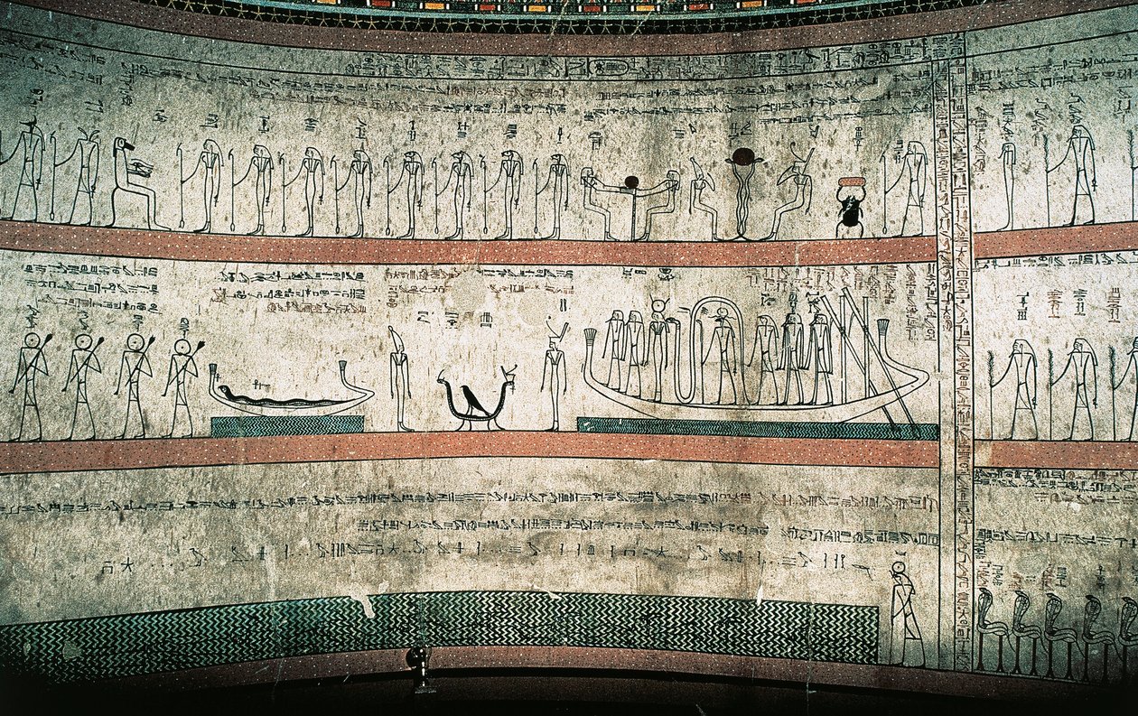 Frescos que representan el Libro de Amduat, El viaje de la barca solar, en la pared oeste de las cámaras funerarias de Egyptian 18th Dynasty