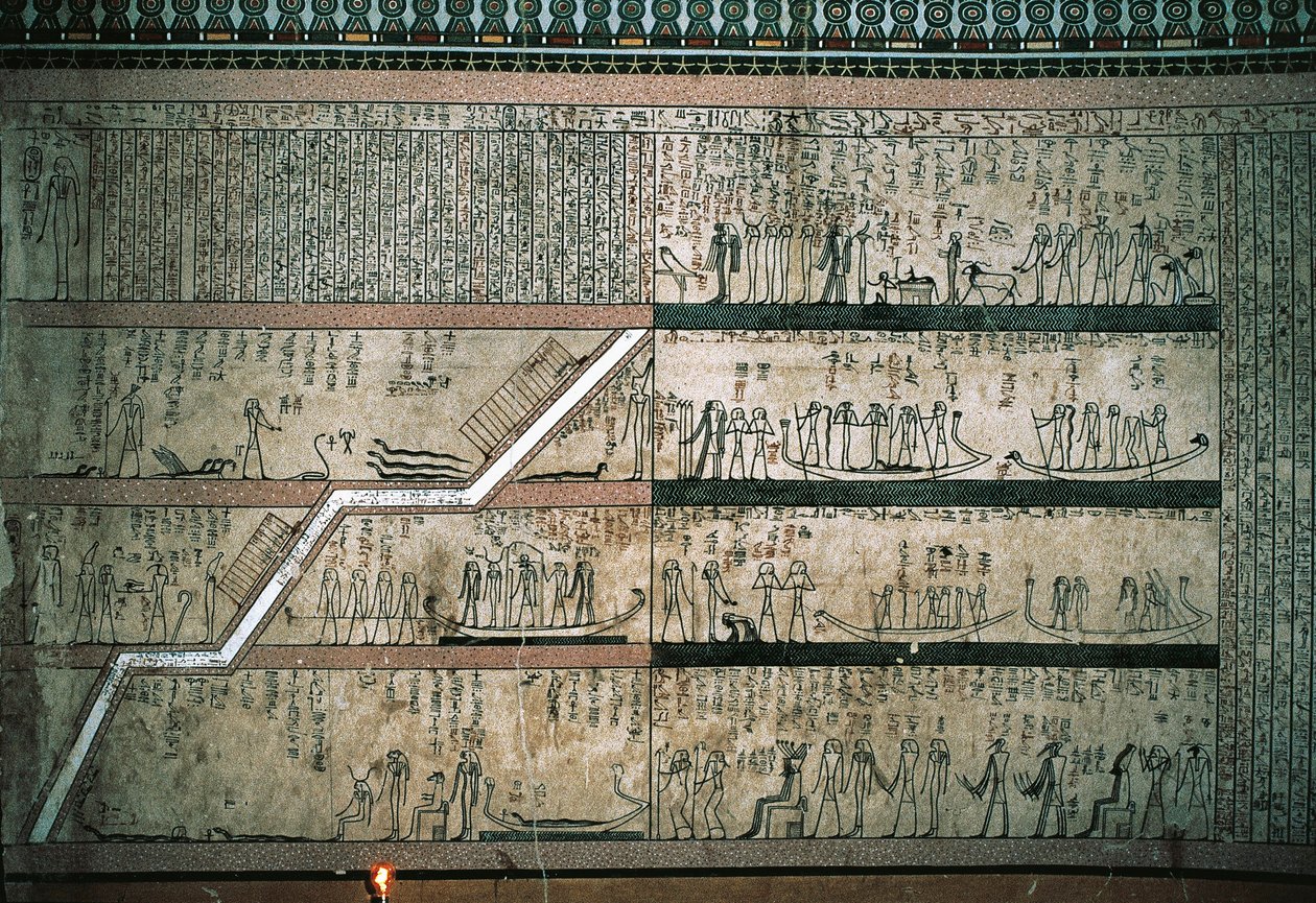 Frescos que representan el Libro de Amduat, El viaje de la barca solar, en la pared este de las cámaras funerarias de Egyptian 18th Dynasty