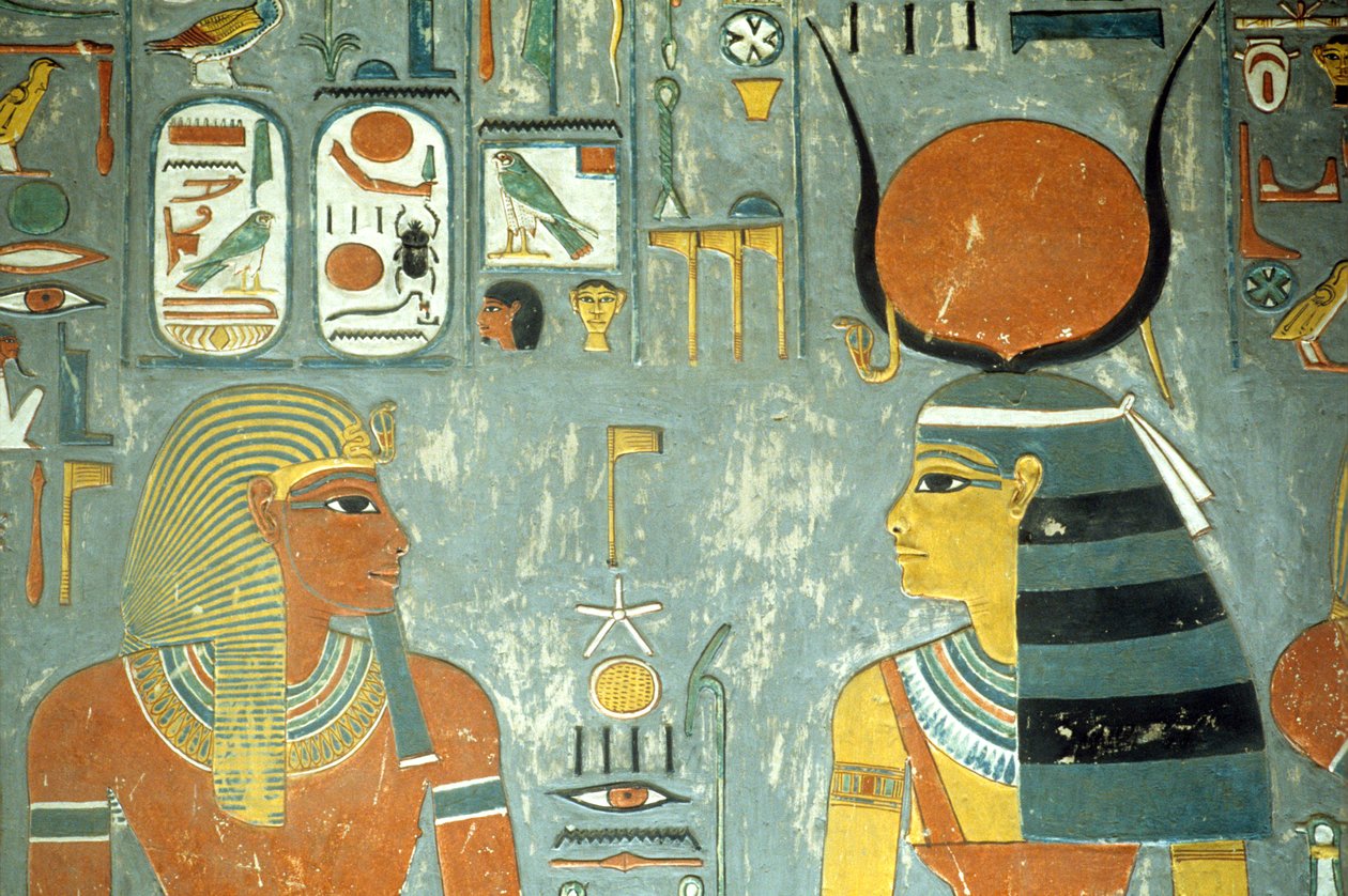 Horemheb y Hathor, de la Tumba de Horemheb (c.1323-1295 a.C.) Nuevo Reino (pintura mural) (detalle) de Egyptian 18th Dynasty