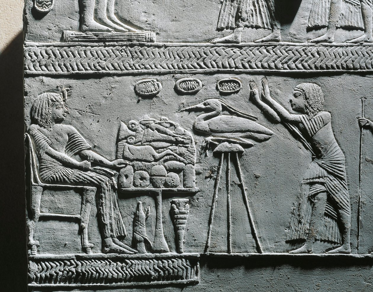 Horemheb comiendo la comida funeraria, relieve de la tumba de Horemheb en Saqqara de Egyptian 18th Dynasty