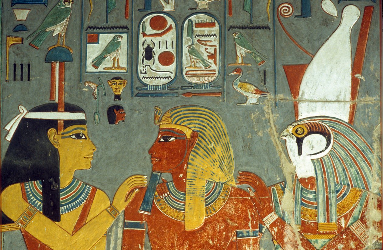 Horus, Horemheb y Hathor, de la Tumba de Horemheb (c.1323-1295 a.C.) Nuevo Reino de Egyptian 18th Dynasty