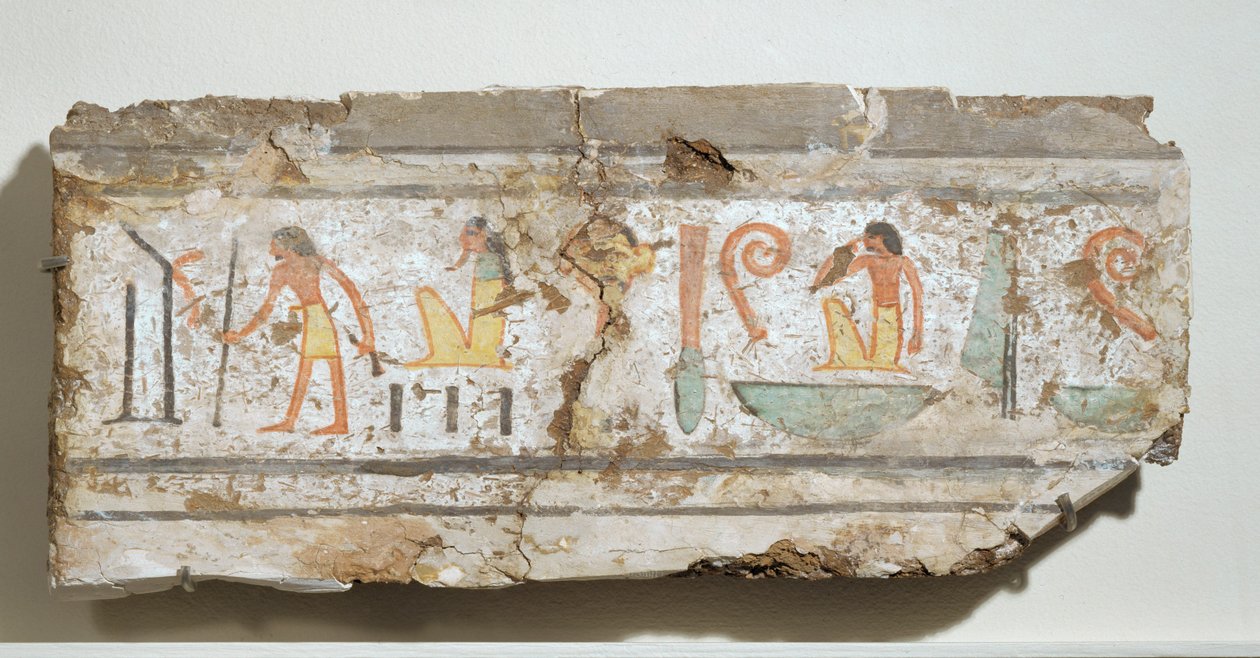 Inscripción en jeroglíficos especialmente claros: un hombre con su bastón, un dios barbudo en cuclillas, un hombre con la mano en la boca ... de Egyptian 18th Dynasty