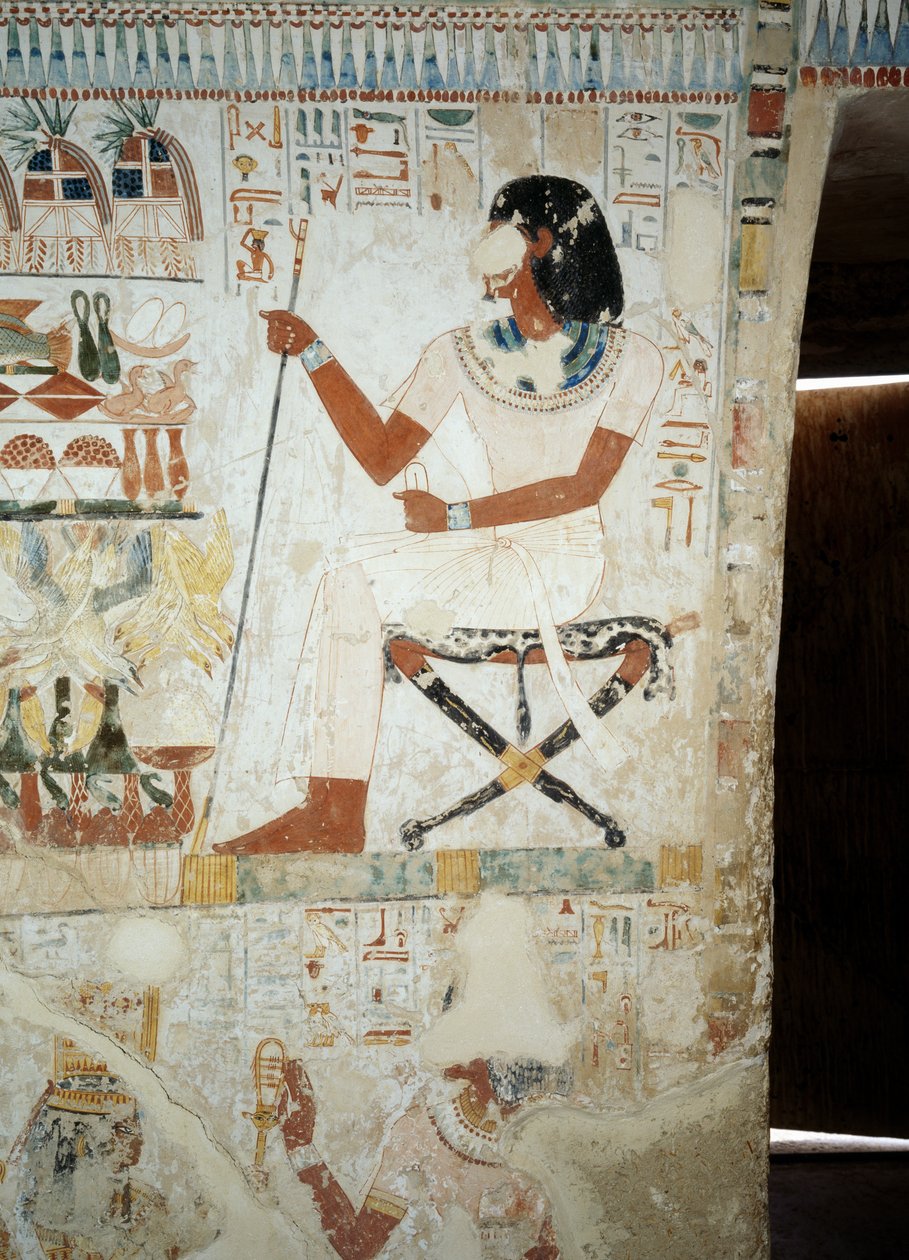 Menna supervisando a sus trabajadores en los campos, detalle de frescos en el vestíbulo de la Tumba de Menna, Necrópolis de Sheikh Abd el Qurnah, Luxor, Tebas (Lista del Patrimonio Mundial de la Unesco) de Egyptian 18th Dynasty