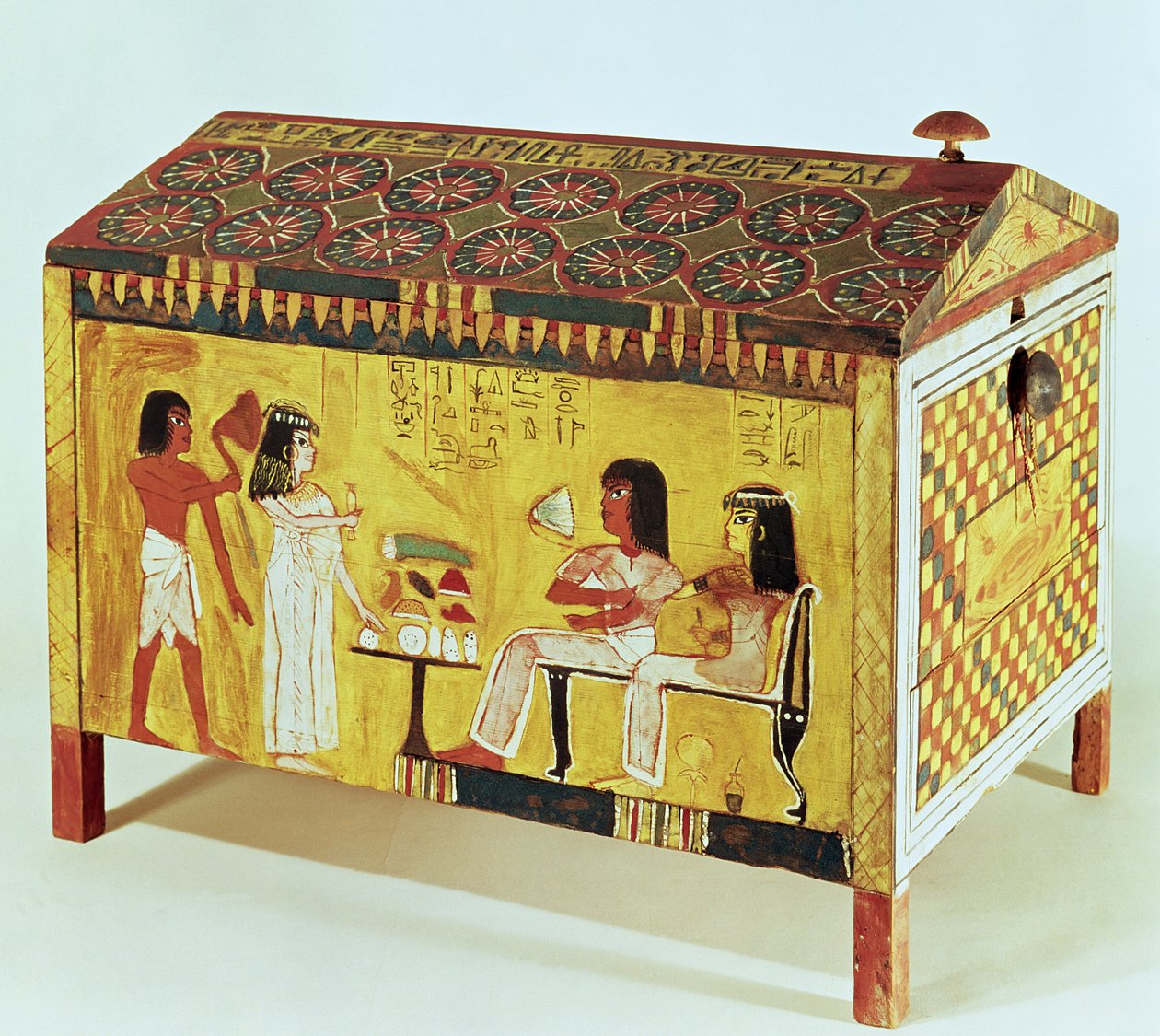 Cofre pintado con una escena de banquete de la tumba de Kha encontrado en Deir el-Medina, Nuevo Reino de Egyptian 18th Dynasty