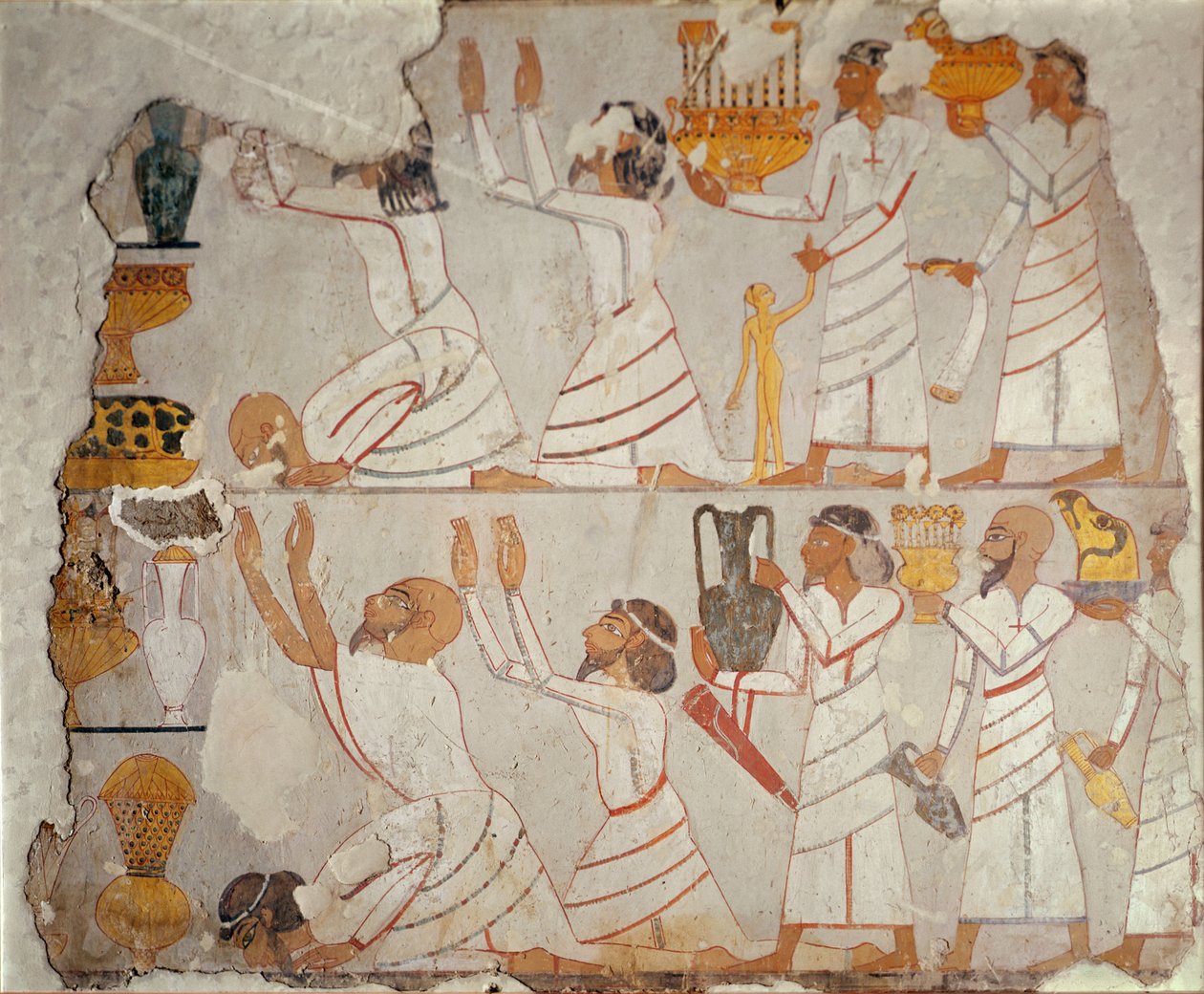 Parte de una pared de tumba pintada que muestra a portadores de tributo asiáticos, c.1400 a.C. de Egyptian 18th Dynasty