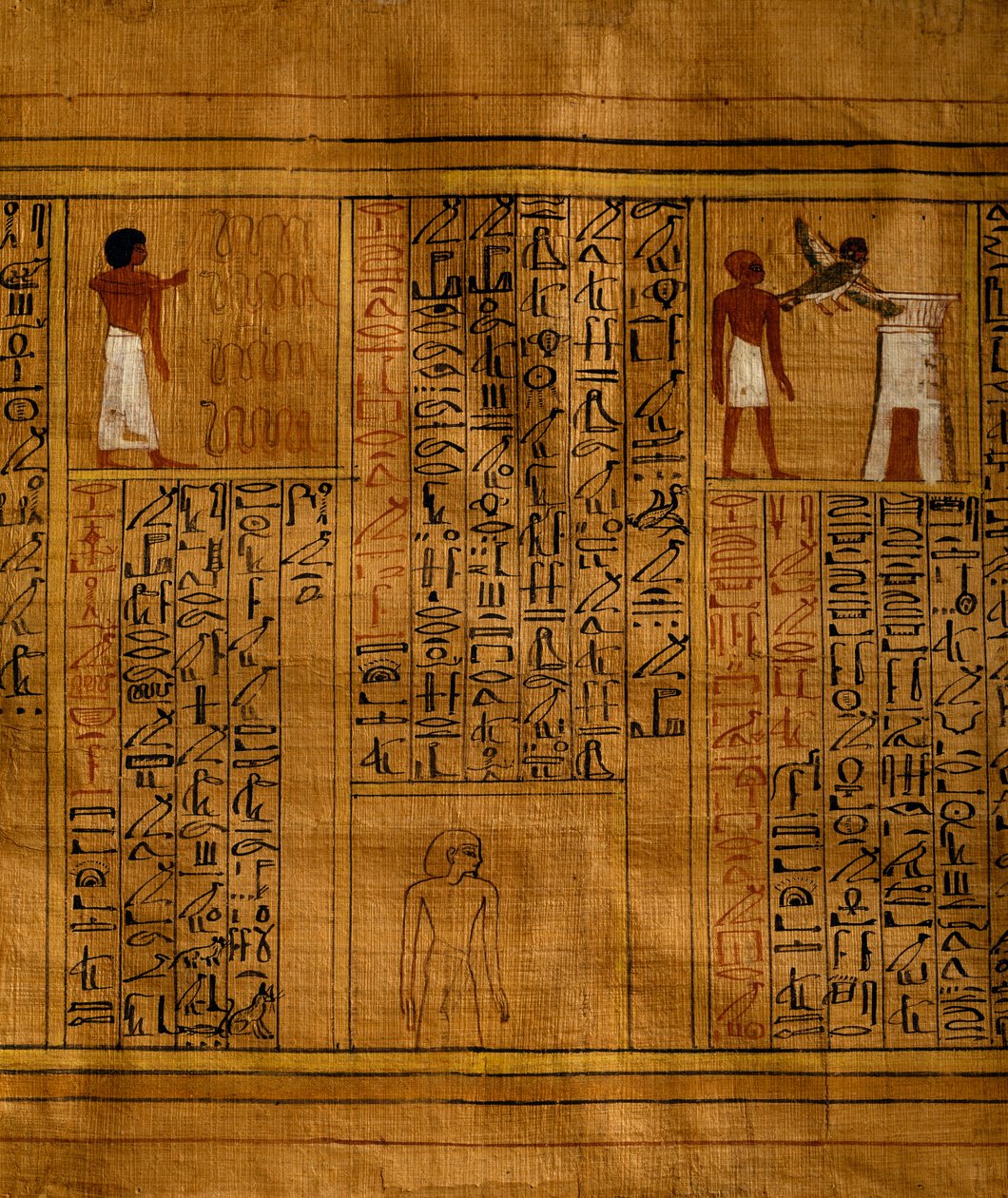 Porción del Libro de los Muertos con texto en columnas verticales de jeroglíficos e insertos que contienen ilustraciones policromadas, papiro, 34 cm x 14 cm, procedente de la tumba de Kha en Deir el-Medina, Civilización egipcia, Reino Nuevo, dinastía XVIII de Egyptian 18th Dynasty