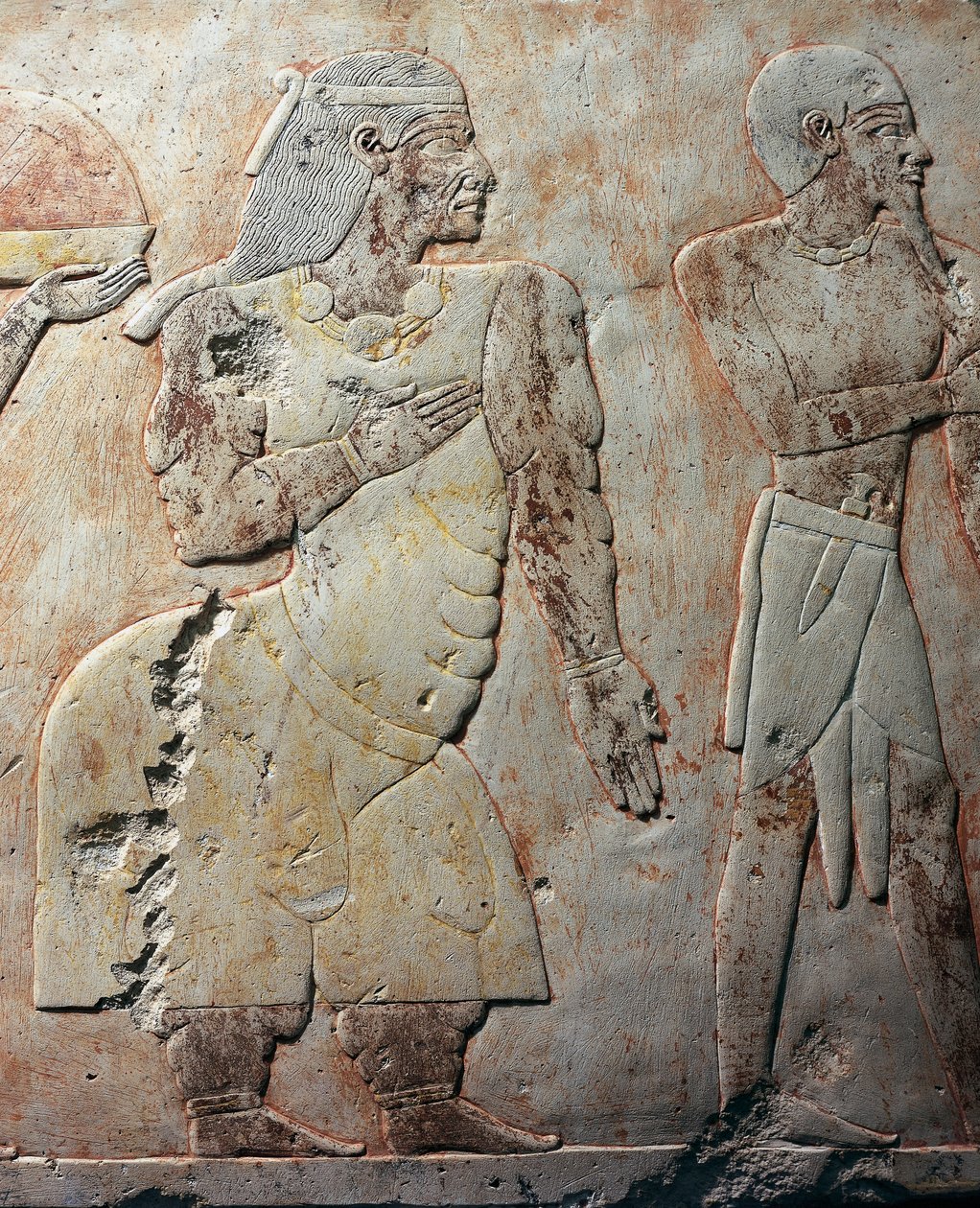 Reina de Punt, escena detallada que representa la expedición a la Tierra de Punt, relieve pintado, columnata de Punt, templo mortuorio de Hatshepsut, Deir el-Bahari, necrópolis de Tebas (Lista del Patrimonio Mundial de la Unesco de Egyptian 18th Dynasty