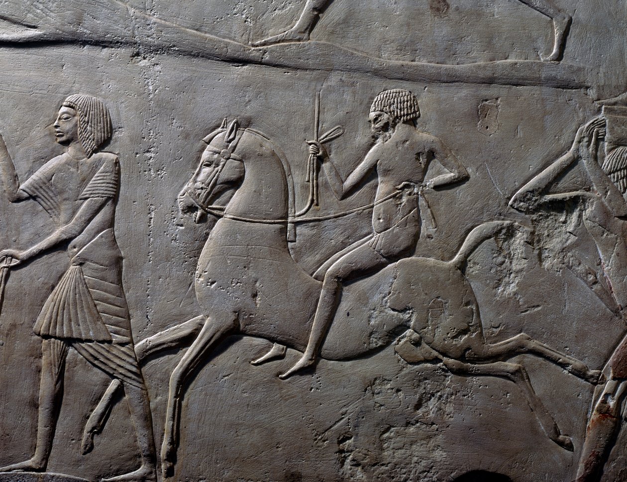 Carrera de relevos a caballo, detalle de relieve mural que representa un campamento militar de soldados, piedra caliza, de la tumba menfita de Horemheb en Saqqara, Civilización egipcia, Reino Nuevo, dinastía XVIII de Egyptian 18th Dynasty