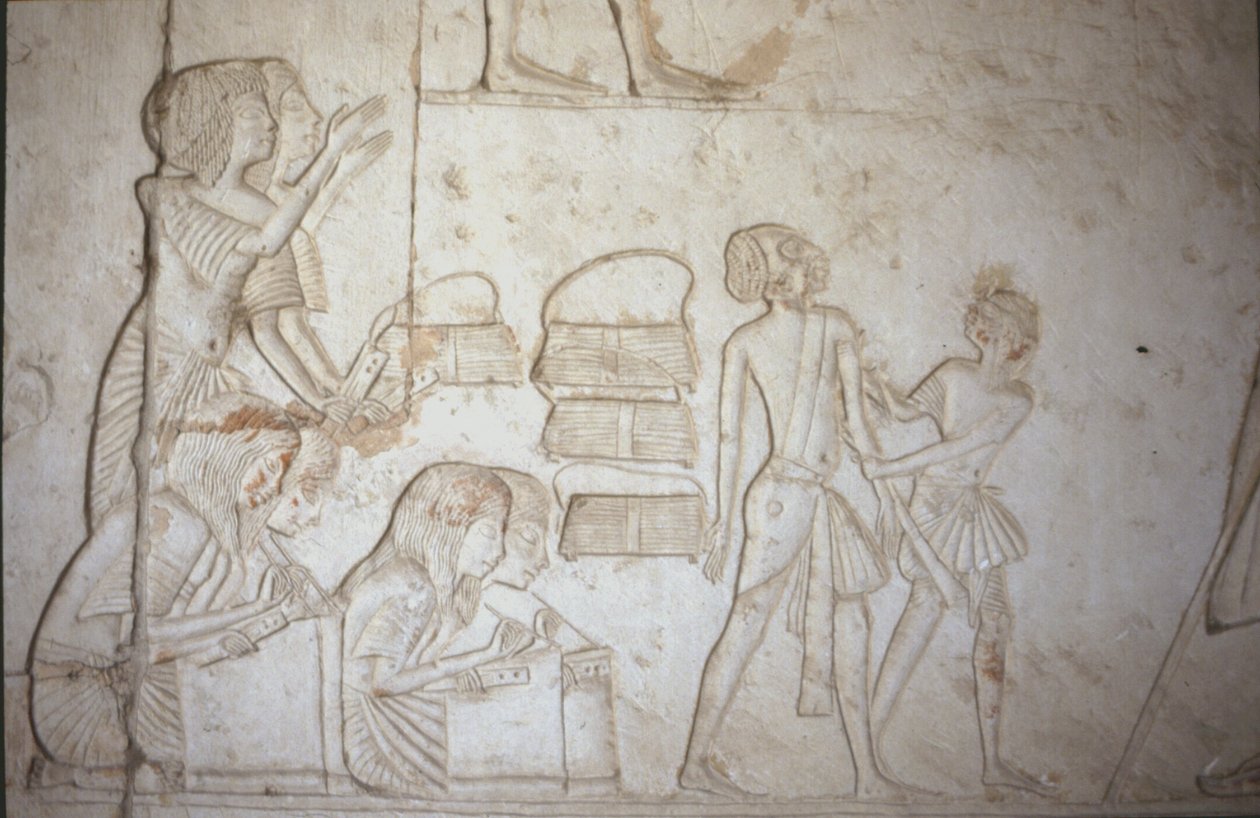 Relieve que representa escribas trabajando, de la Tumba de Horemheb (c.1323-1295 a.C.) Nuevo Reino de Egyptian 18th Dynasty