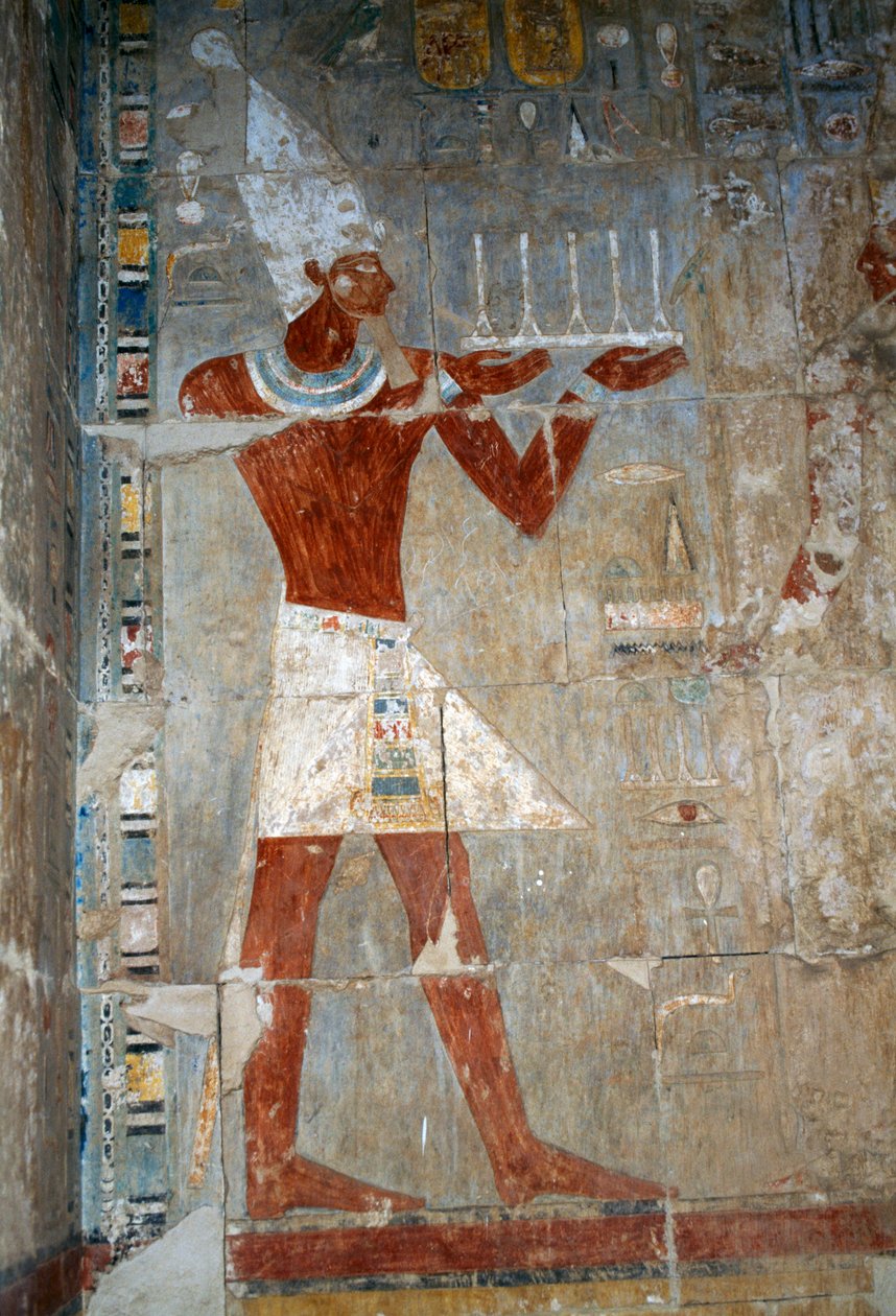 Escena con la reina haciendo una ofrenda, sala sureste, pared este, patio superior, Templo Mortuorio de Hatshepsut, Deir el-Bahari, Necrópolis Tebana (Lista del Patrimonio Mundial de la UNESCO de Egyptian 18th Dynasty