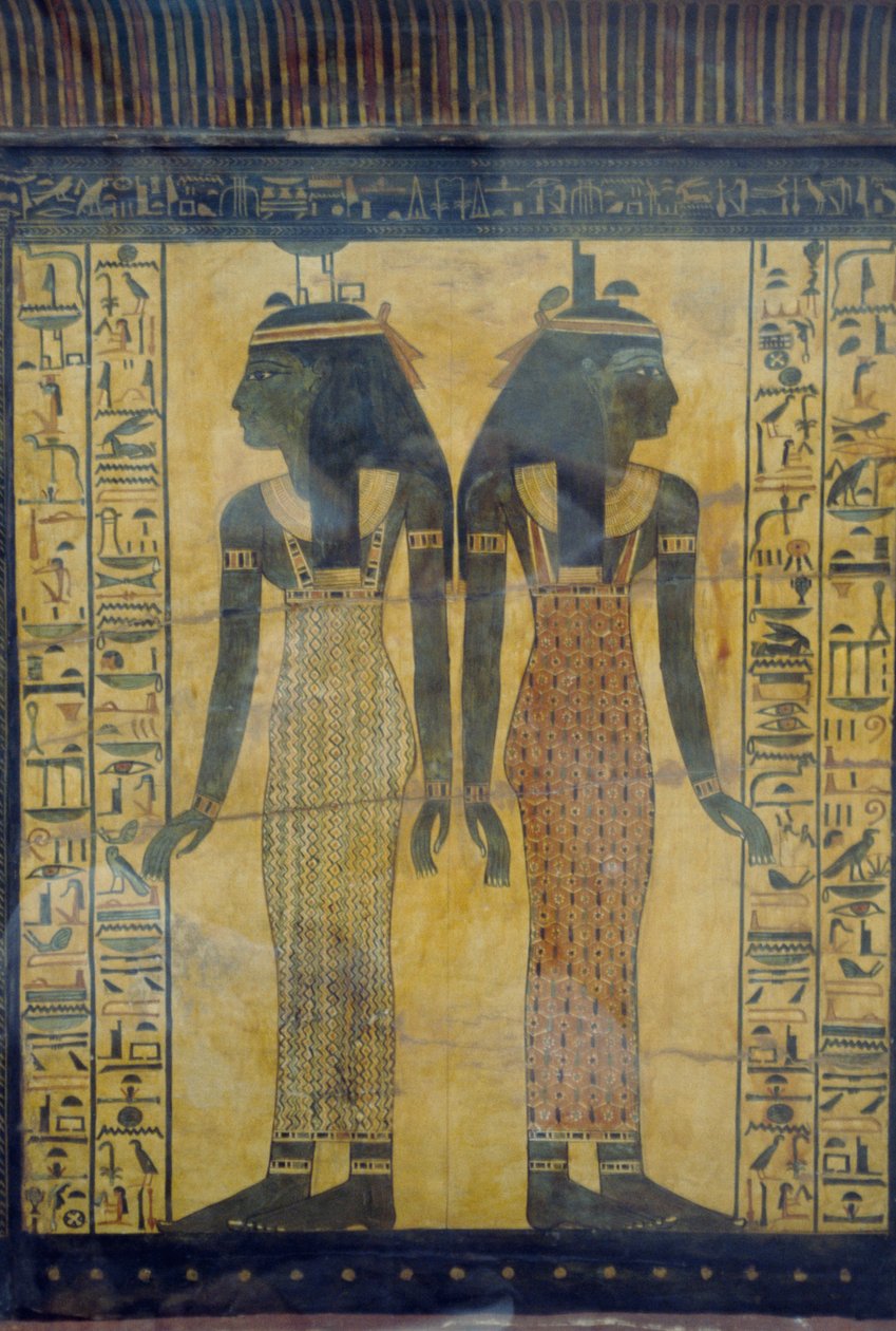 Selket y Neith, detalle decorativo del sarcófago de Maiherpri, civilización egipcia, Reino Nuevo, dinastía XVIII de Egyptian 18th Dynasty
