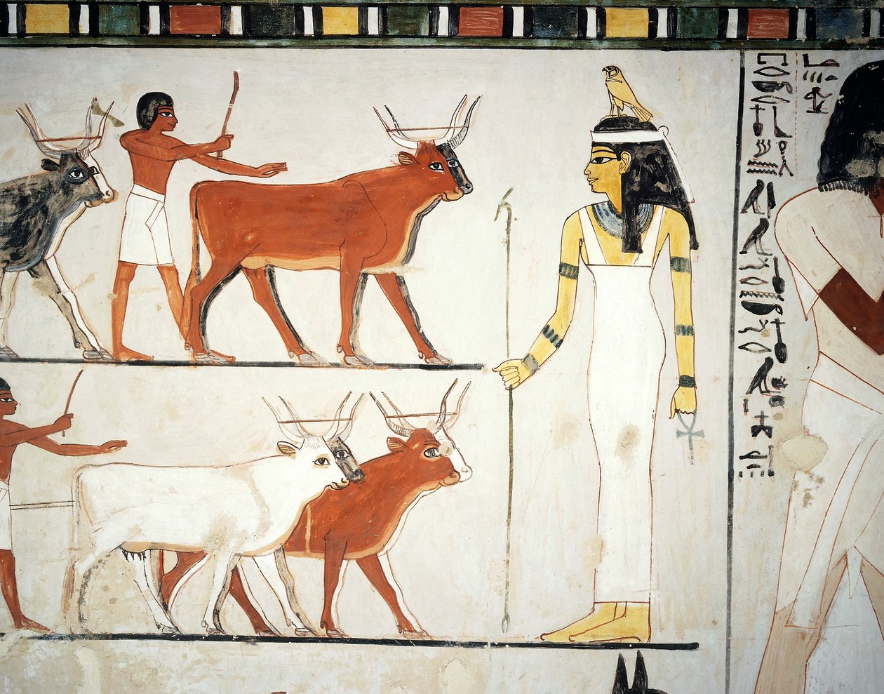 Pastores y ganado delante de la diosa Imentet, fresco, pared sur, cámara longitudinal, Tumba tebana TT69, Jeque Abd el-Qurna, Tebas (Lista del Patrimonio Mundial de la Unesco de Egyptian 18th Dynasty