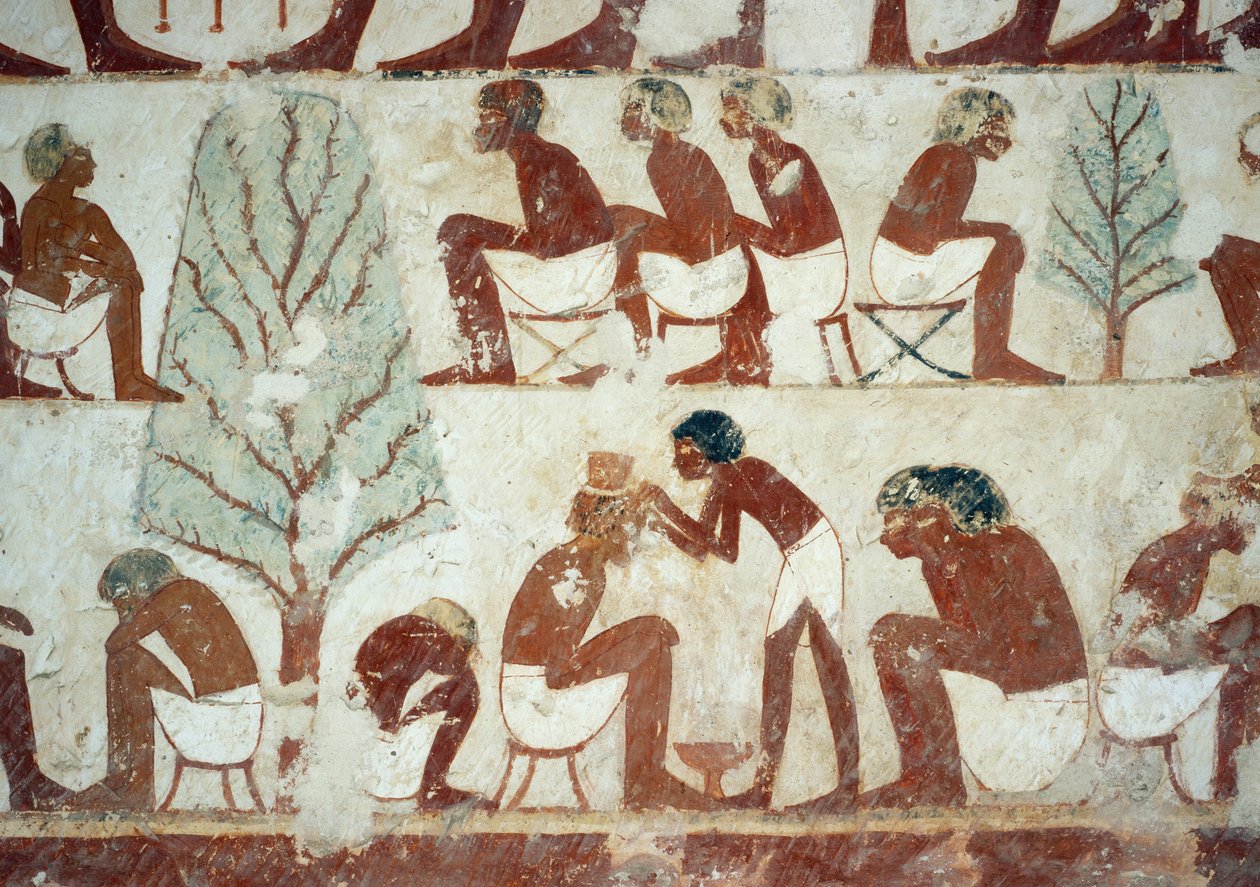 Soldados cortándose el cabello, detalle de los frescos en la Tumba de Userhat, Necrópolis de Sheikh Abd el Qurnah, Luxor, Tebas (Lista del Patrimonio Mundial de la Unesco) de Egyptian 18th Dynasty