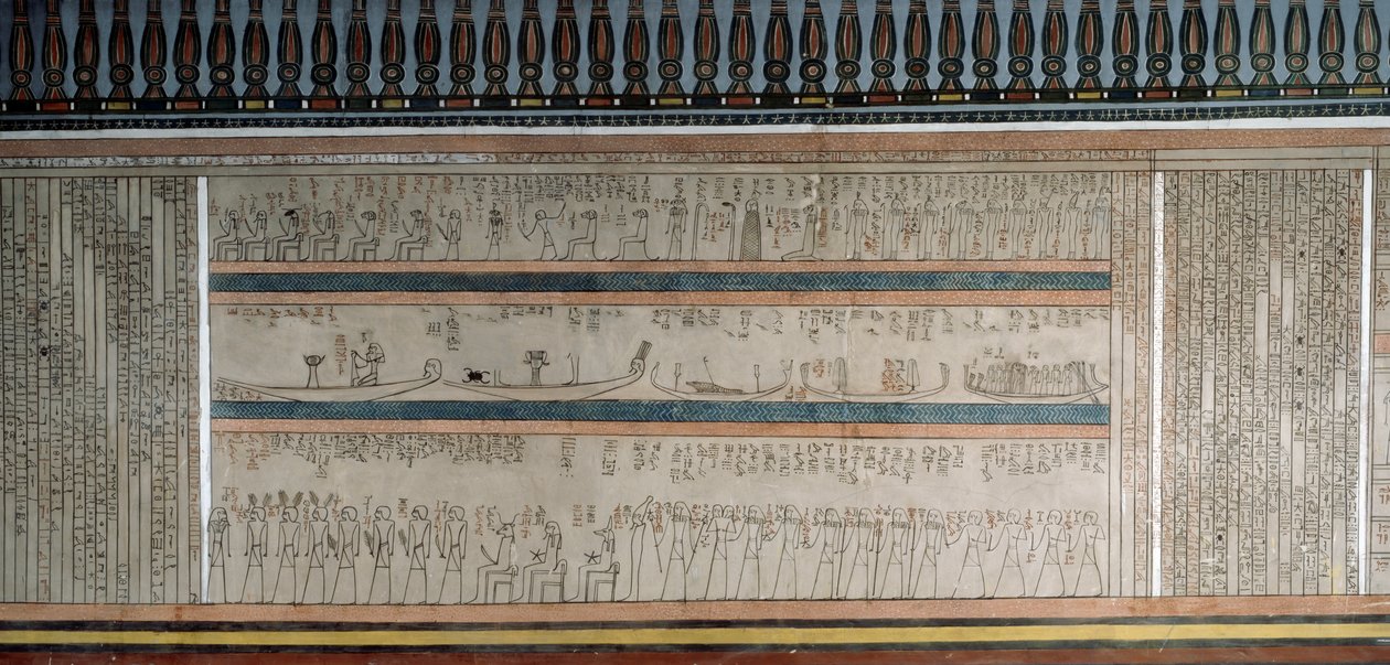 Texto y figuras del Libro de Amduat, (detalle), cámara funeraria de Amenhotep II, Valle de los Reyes, Luxor, Tebas de Egyptian 18th Dynasty