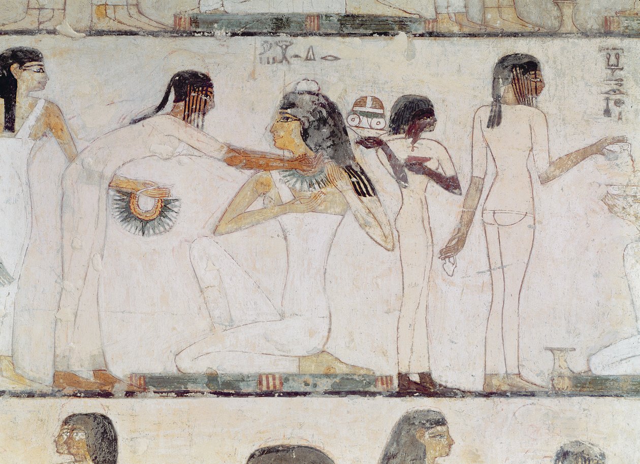 El aseo de las damas nobles, de la tumba de Rekhmire, visir de Tutmosis III y Amenhotep II, Nuevo Reino de Egyptian 18th Dynasty