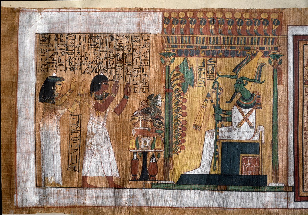 El difunto Kha y su esposa Merit adorando a Osiris, señor del más allá - Papiro del Libro de los Muertos de Egyptian 18th Dynasty