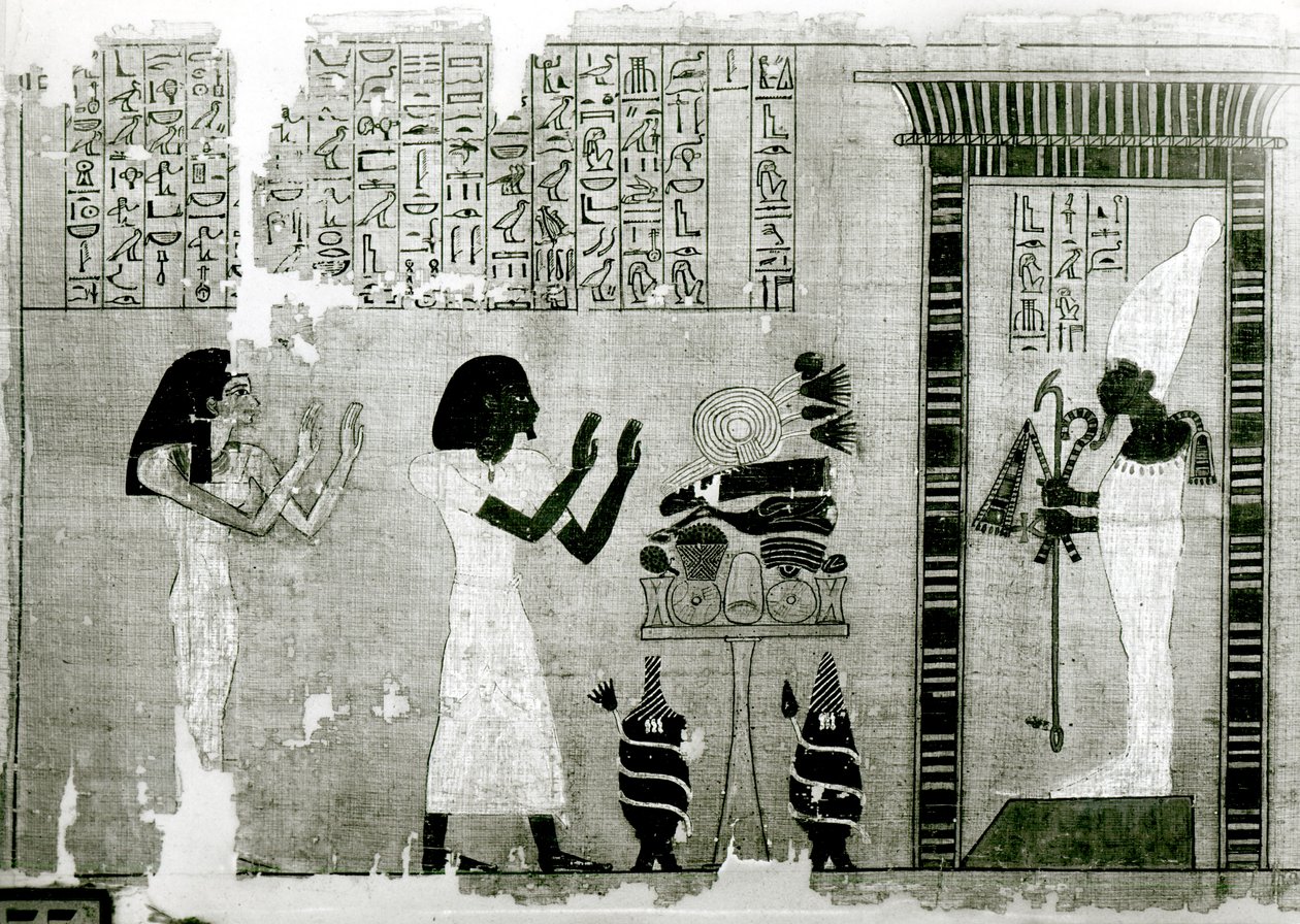 El difunto acompañado por su hermana rinde homenaje a Osiris, detalle del Libro de los Muertos, Reino Nuevo (papiro) de Egyptian 18th Dynasty