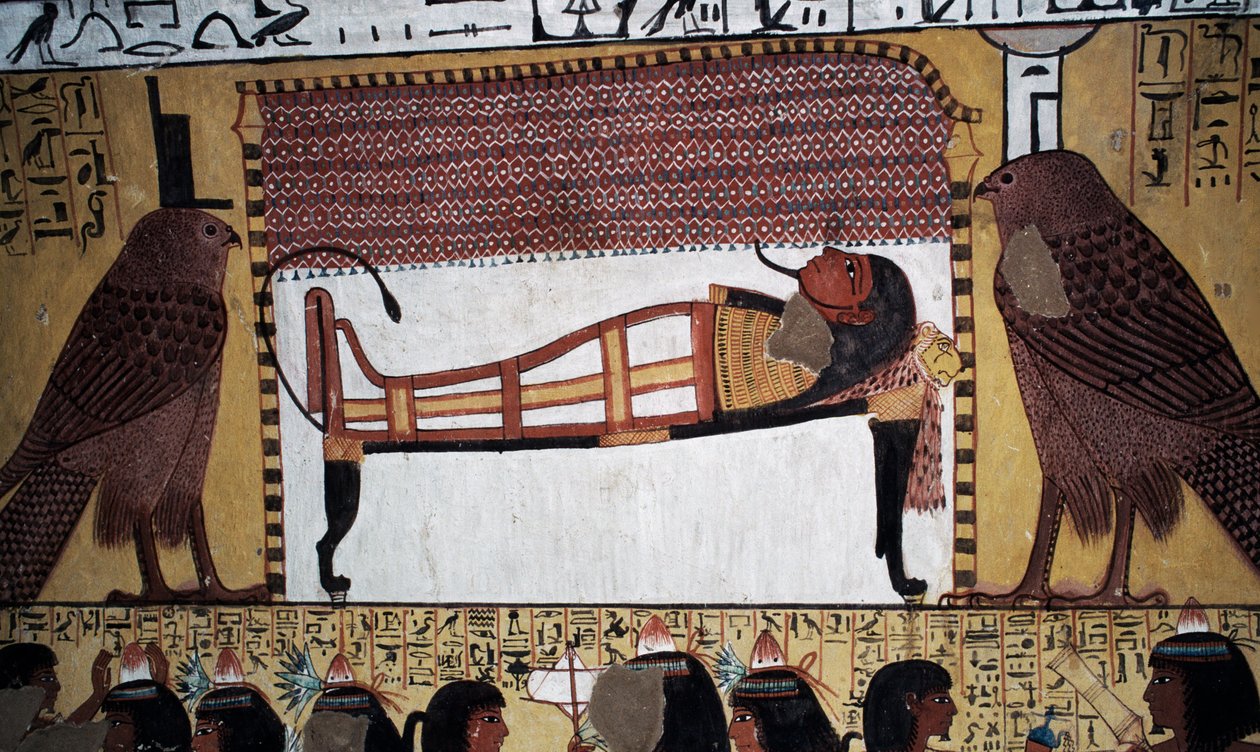 La deposición de difuntos, pintura mural, Tumba de Sennedjem, Valle de los Reyes, Luxor, Tebas (Patrimonio de la Humanidad de la UNESCO de Egyptian 18th Dynasty