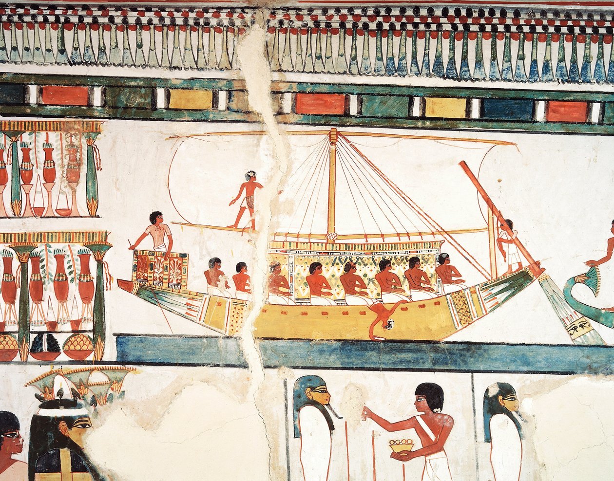 El barco solar, detalle de la peregrinación a Abidos, fresco, pared norte, comedor largo, Tumba Tebana TT69, Sheikh Abd el-Qurna, Tebas (Lista del Patrimonio Mundial de la Unesco) de Egyptian 18th Dynasty