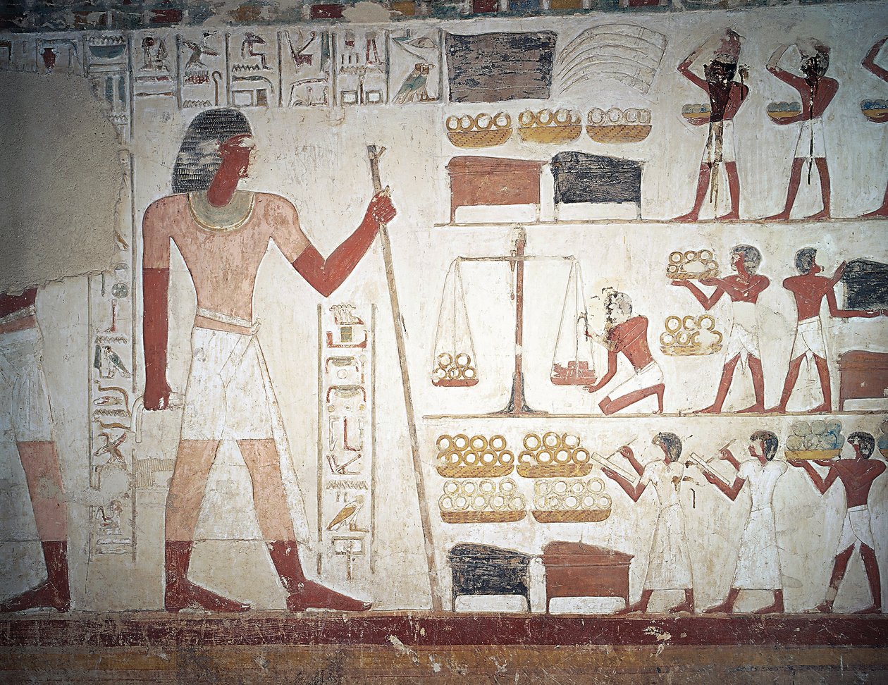 El pesaje del cobre, fresco, Tumba de Userhat, tutor y escriba durante el reinado de Amenhotep II, también conocida como tumba TT56, Sheikh Abd el-Qurna, Tebas (Lista del Patrimonio Mundial de la Unesco) de Egyptian 18th Dynasty