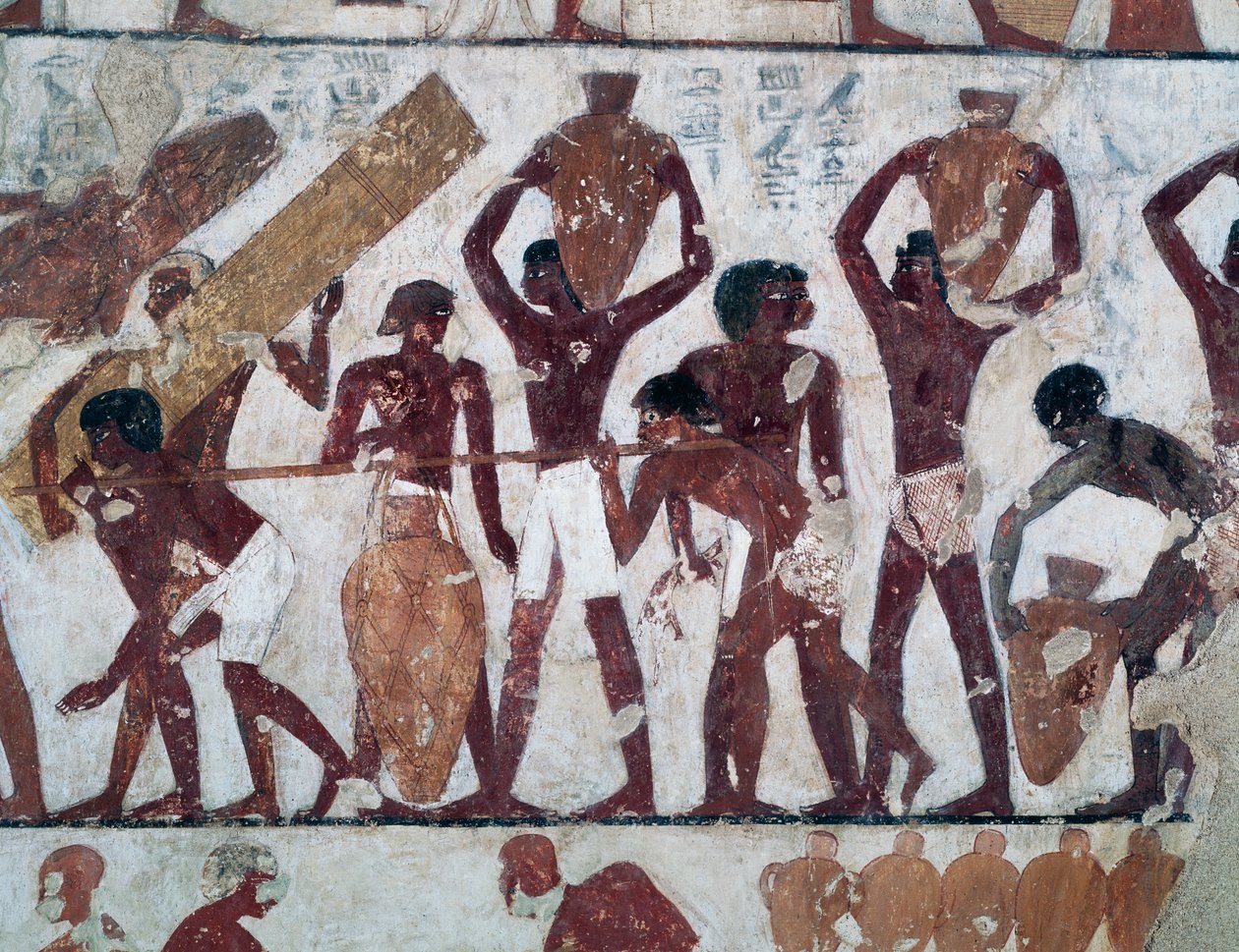 Transporte de alimentos para abastecer los almacenes del Templo de Amón, Tumba de Rekhmire, también conocida como Tumba TT100, Jeque Abd el-Qurna, Necrópolis tebana (Lista del Patrimonio Mundial de la Unesco). de Egyptian 18th Dynasty
