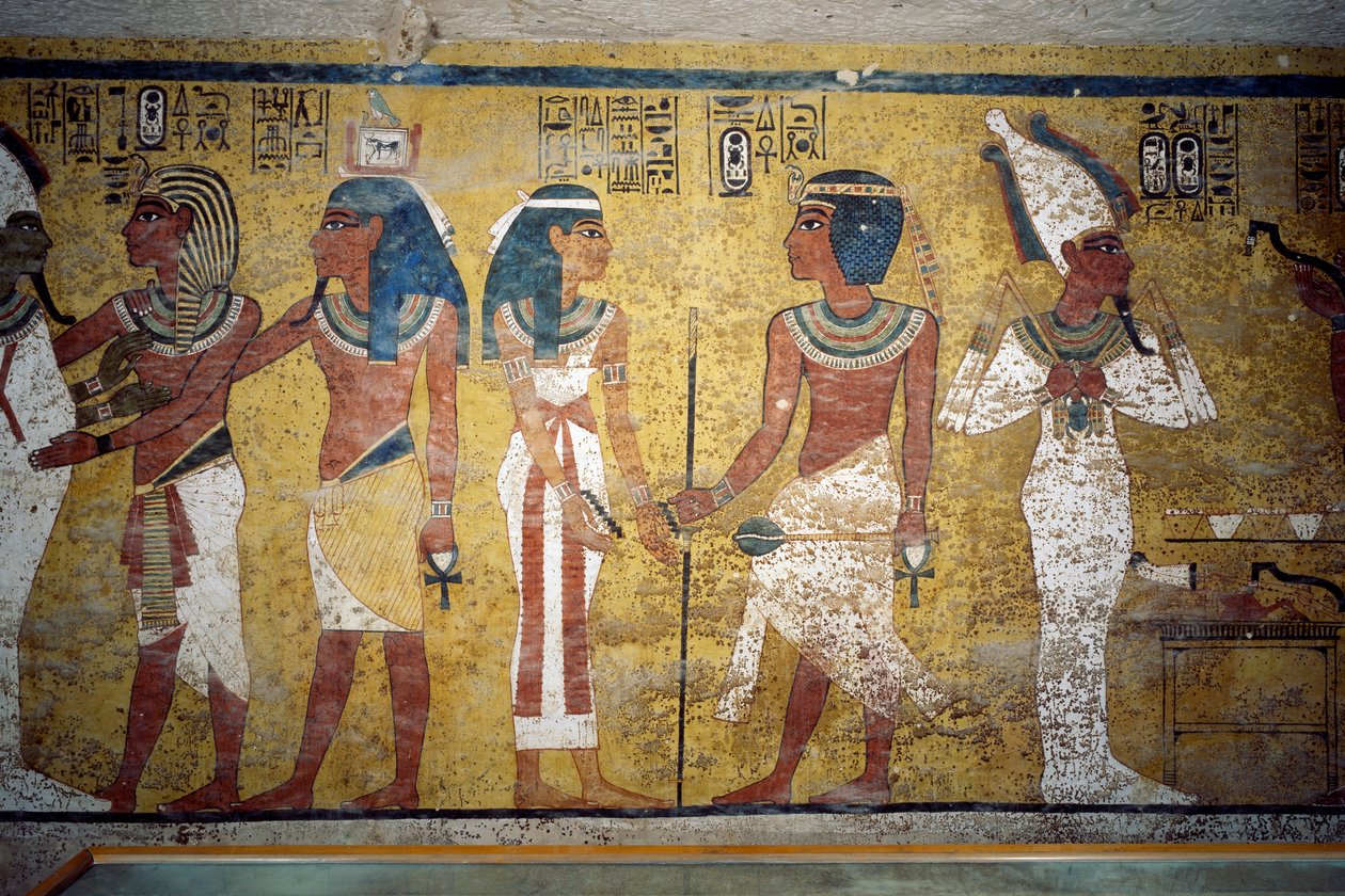 Tutankamón ante Osiris, faraón delante de la diosa Nut y Ay realizando la ceremonia de apertura de boca, fresco, pared de la cámara funeraria, Tumba de Tutankamón, Valle de los Reyes, Tebas, Egipto. Civilización egipcia, Reino Nuevo, Dinastía XVIII de Egyptian 18th Dynasty