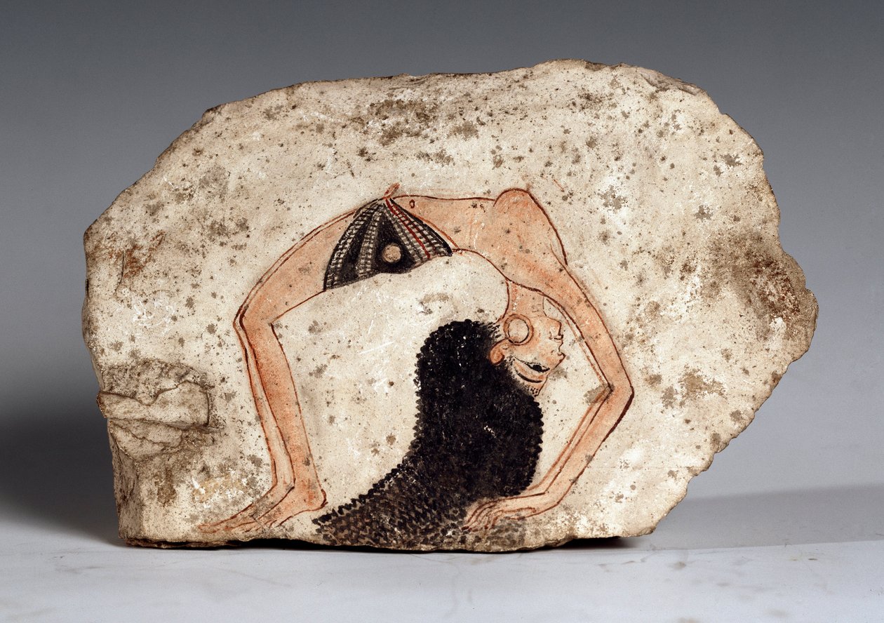 Una mujer acróbata bailarina, Ostrakon. Piedra caliza, circa 1295-1186 a.C. de Egyptian 19th Dynasty
