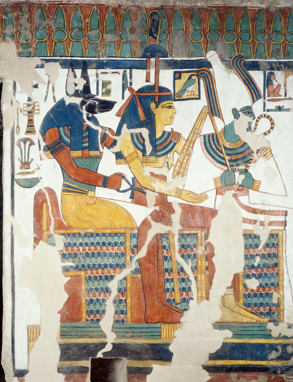 Anubis, Osiris y Nefertari, de la segunda cámara de la Tumba de Nefertari (detalle) de Egyptian 19th Dynasty