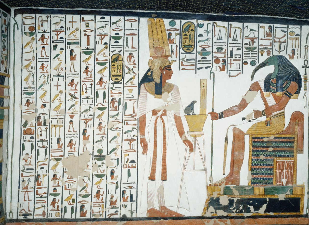 Capítulo 94 del Libro de los Muertos, Nefertari frente al dios Thoth, el escriba con cabeza de ibis, fresco, pared norte, cámara este, Tumba de Nefertari (QV66), Valle de las Reinas, Tebas de Egyptian 19th Dynasty