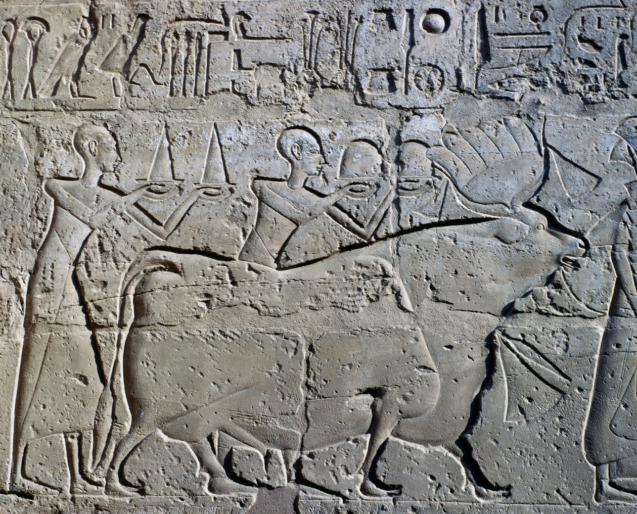 Personajes que simbolizan los distritos mineros trayendo sus tributos al dios, relieve, Patio de Ramsés II, Templo de Amón (Lista del Patrimonio Mundial de la Unesco de Egyptian 19th Dynasty