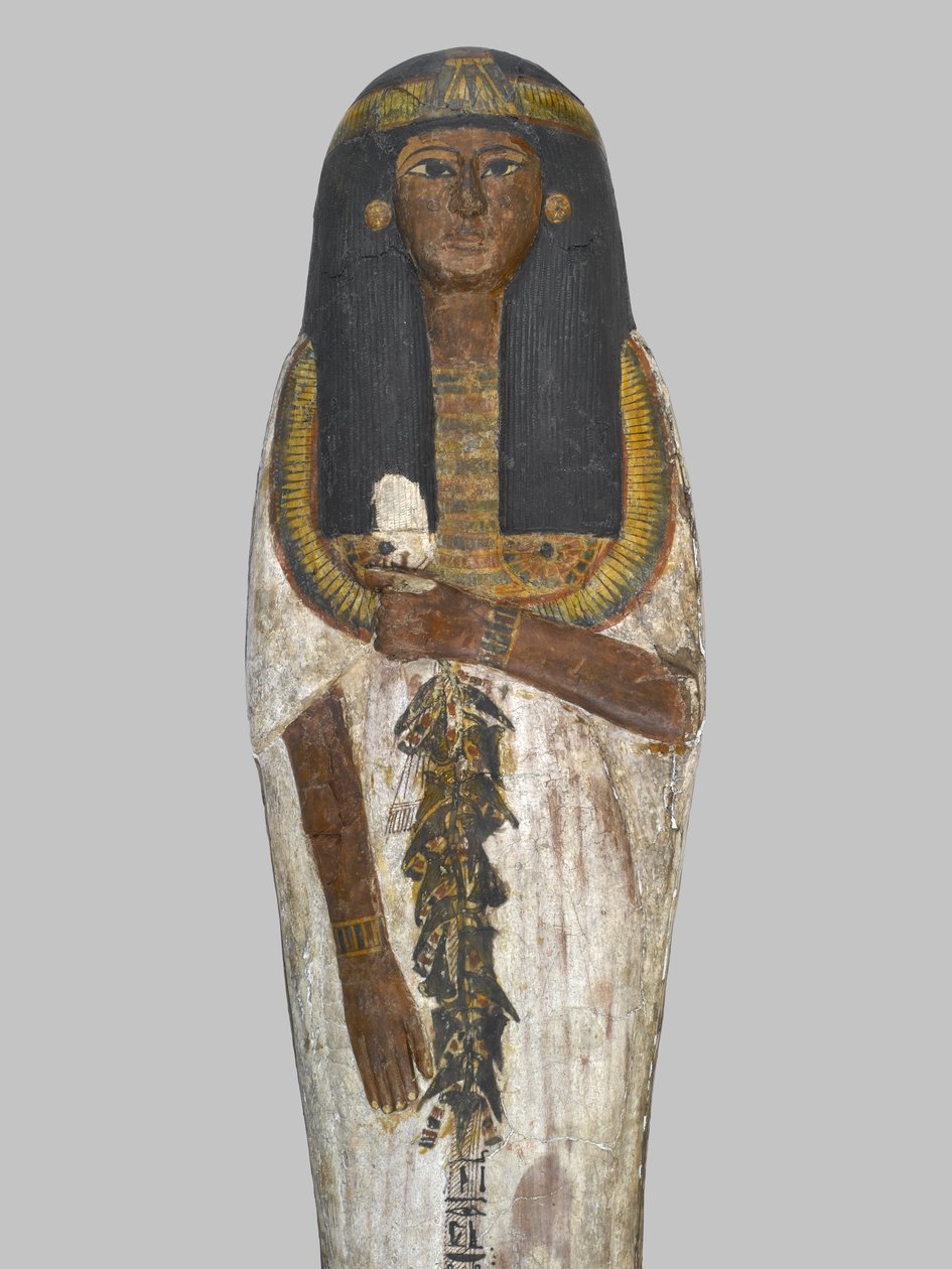 Ataúd de la Dama de la Casa, Weretwahset, reinscrito para Bensuipet, encontrado en Tebas, Nuevo Reino, c.1292-1190 a.C. (detalle) de Egyptian 19th Dynasty