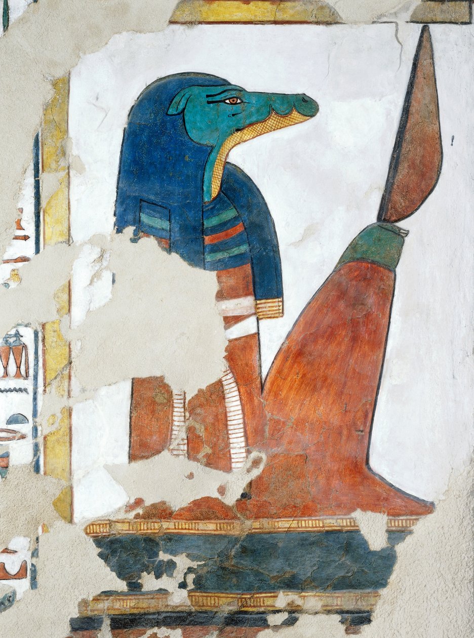 Guardián con cabeza de cocodrilo de la tercera puerta del Reino de Osiris, capítulo 146 del Libro de los Muertos, fresco, cámara funeraria, Tumba de Nefertari (QV66), Valle de las Reinas, Tebas. Civilización egipcia, Reino Nuevo, Dinastía XIX. de Egyptian 19th Dynasty