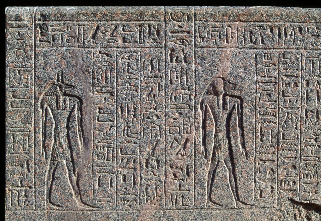 Representación de Anubis, detalle de inscripción y relieve de Anubis y otro dios, sarcófago de Amenhotep, Menfis, Egipto, Reino Nuevo, dinastía XIX de Egyptian 19th Dynasty