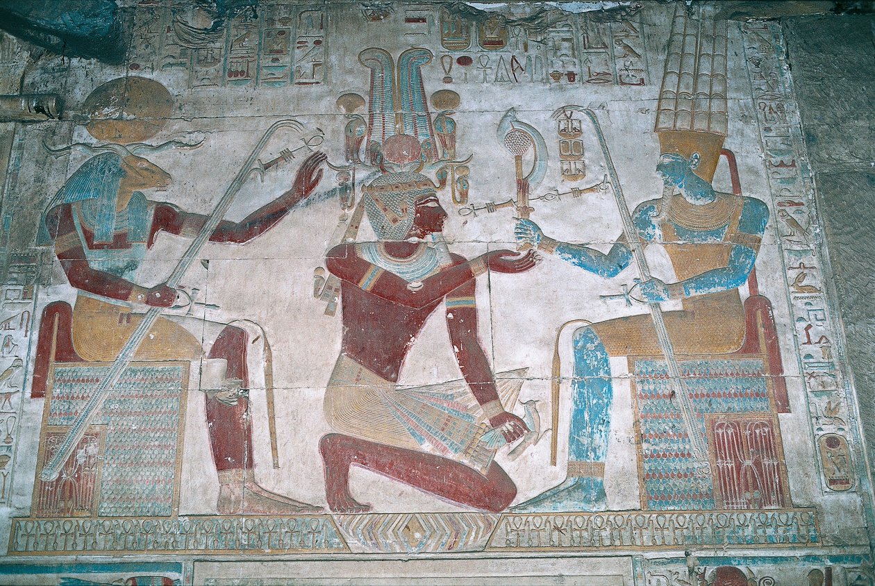 Egipto, Abidos, Templo del faraón Seti I, capilla de Osiris, relieve pintado de Egyptian 19th Dynasty