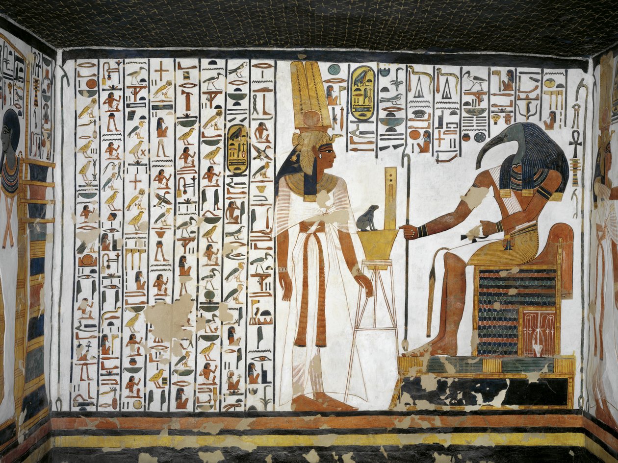Egipto, Tebas, Luxor, Valle de las Reinas, Tumba de Nefertari, Anexo a la antecámara, Pinturas murales, Reina ante el escriba divino Thoth de Egyptian 19th Dynasty
