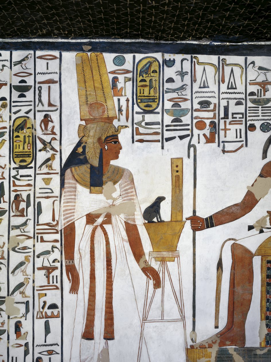 Egipto, Tebas, Luxor, Valle de las Reinas, Tumba de Nefertari, Anexo a la antecámara, Pinturas murales, Reina ante el escriba divino Thoth de Egyptian 19th Dynasty