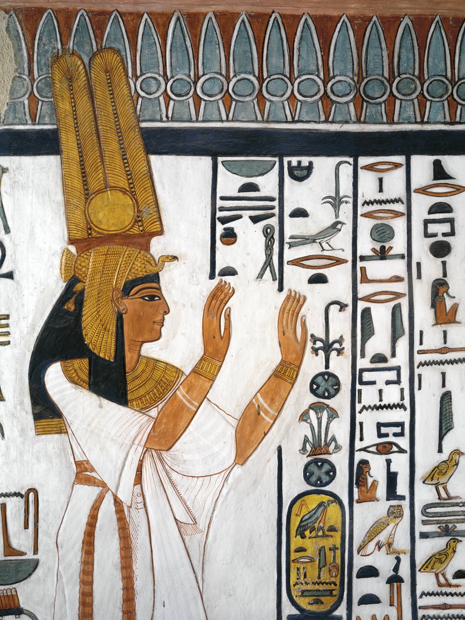 Egipto, Tebas, Luxor, Valle de las Reinas, Tumba de Nefertari, pintura mural de la Reina recitando la fórmula mortuoria en la cámara funeraria de la dinastía XIX de Egyptian 19th Dynasty