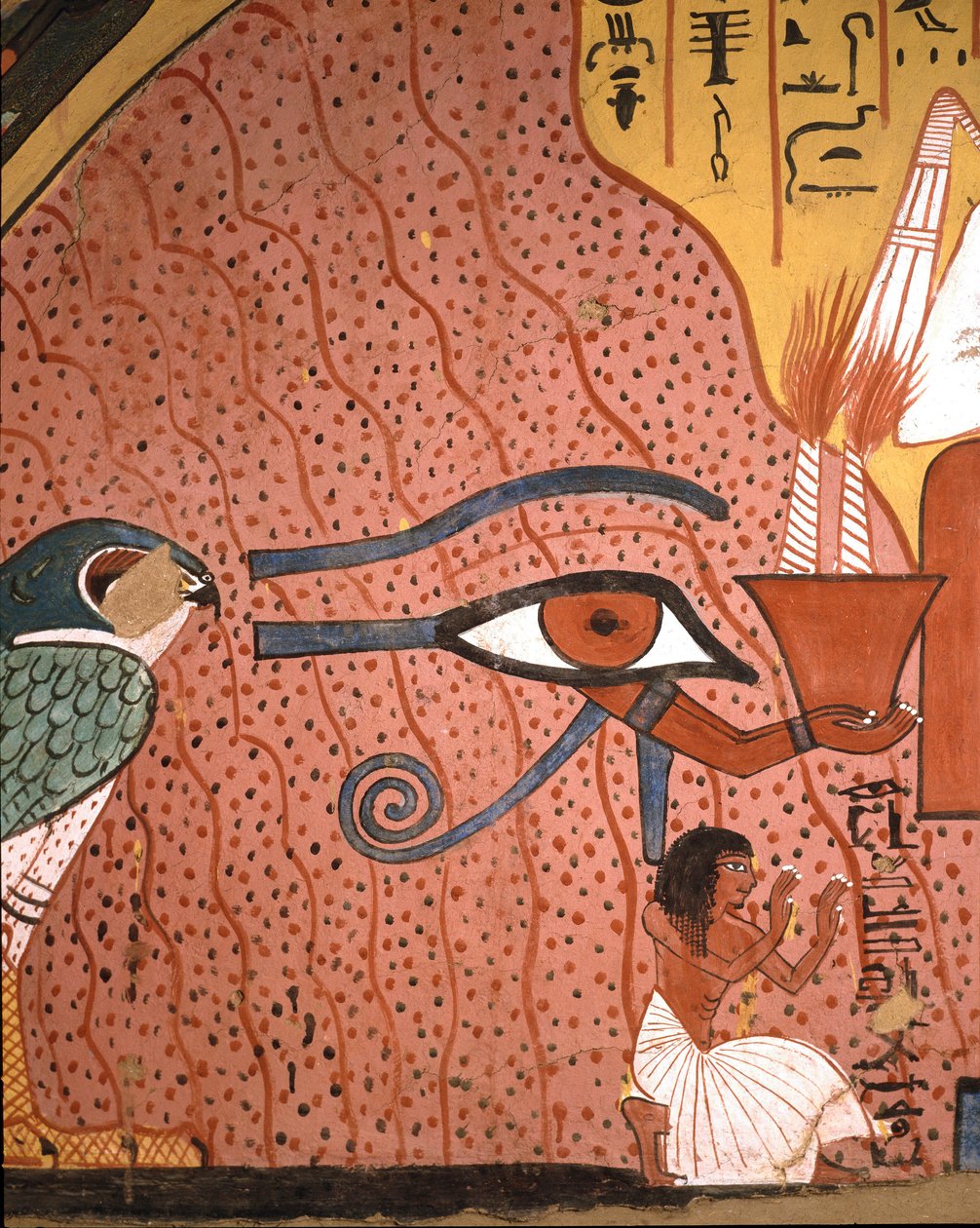 Antigüedad egipcia: el artesano Pached (o Pashedou) arrodillado en adoración cerca de él, el ojo de Horus Oudjat. Fresco de la tumba de Pachedou, Deir el Medinet, Egipto de Egyptian 19th Dynasty