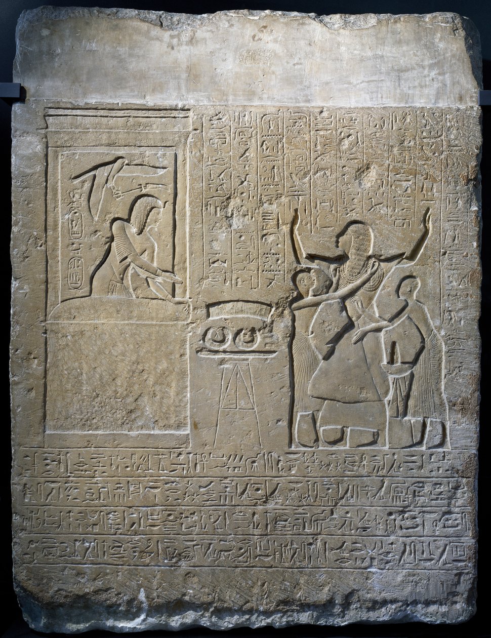 Hormin, jefe del harén del rey, recompensado con collares de oro que le regaló Seti I, estela de piedra caliza de Egyptian 19th Dynasty