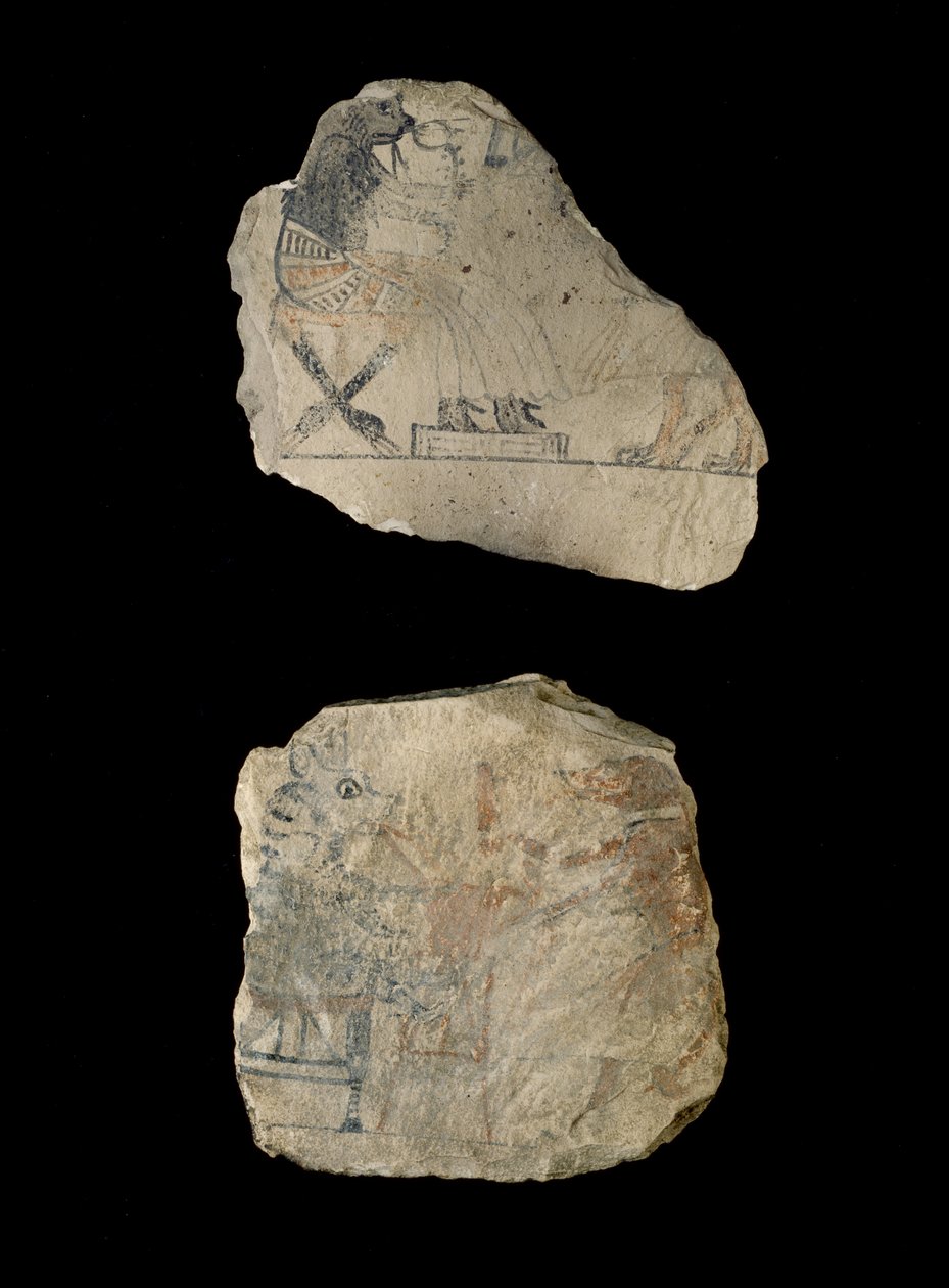 Ostraca de piedra caliza con bocetos humorísticos en tinta roja y negra de Egyptian 19th Dynasty